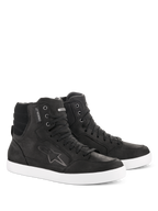 Alpinestars J-6 Waterproof Shoe, Motorcycle Riding Shoes, Black and White, high-top sneaker design, premium leather with lace-up closure, white rubber sole, featuring the Astar logo and waterproof tag, urban casual style for road riding