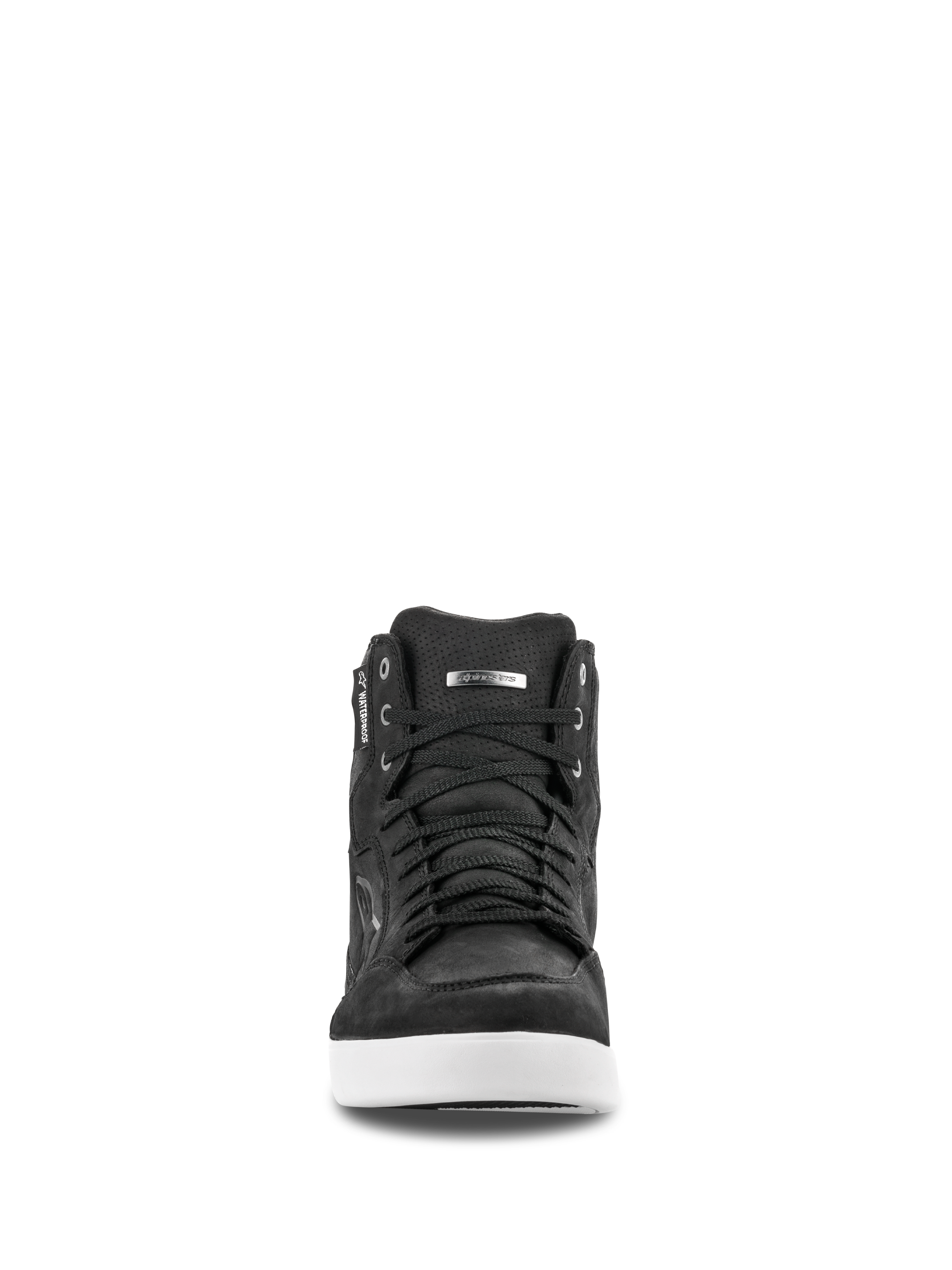 Alpinestars J-6 Waterproof Shoe, front view, Black leather riding shoe with White sole, sneaker-style design with black laces, featuring a waterproof label and silver logo detail, urban motorcycle footwear