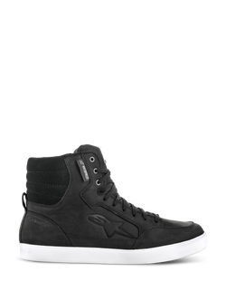 Alpinestars J-6 Waterproof Shoe, Black urban riding sneaker, high-top leather motorcycle footwear with a white flat sole, padded quilted ankle, metal eyelets, waterproof tag, embossed side logo, street-inspired design for daily use