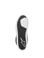 Alpinestars J-6 Waterproof Shoe, Black and White, bottom view showing the advanced rubber sole, textured grip pattern for durability, white star logo on the heel, urban motorcycle riding footwear