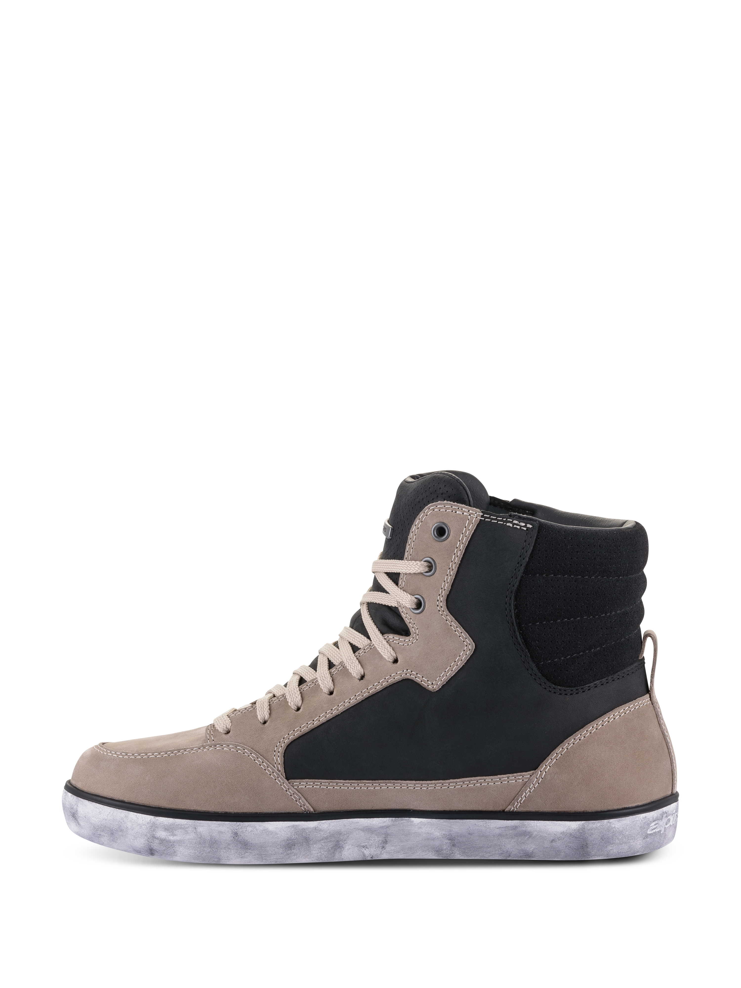 Alpinestars J-6 Waterproof Shoe, Motorcycle Riding Shoe, Black Flint White, high-top sneaker style featuring flint grey and black leather panels, cream laces, and a mottled white rubber sole, casual urban design for motorcycling