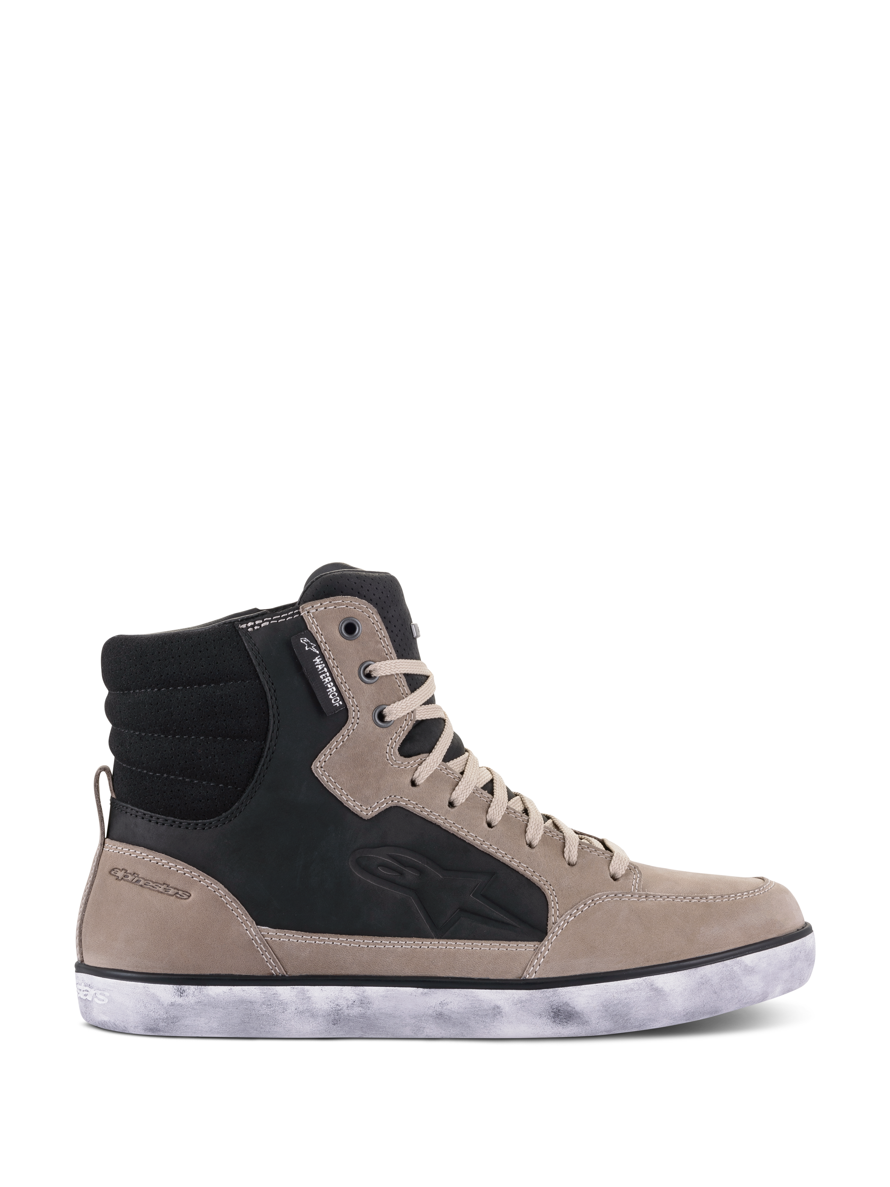 Alpinestars J-6 Waterproof Schuh, Motorradschuh, Black Flint White, High-Top-Design im Sneaker-Stil aus Leder mit weißer Gummisohle im Distressed-Look, mit seitlichem Astar-Logo und Waterproof-Label