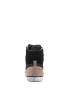 Alpinestars J-6 Waterproof Shoe, Motorcycle Riding Shoe, Black Flint White, Rear view showing black leather upper, tan heel panel with embossed logo, and distressed white rubber sole with Alpinestars branding