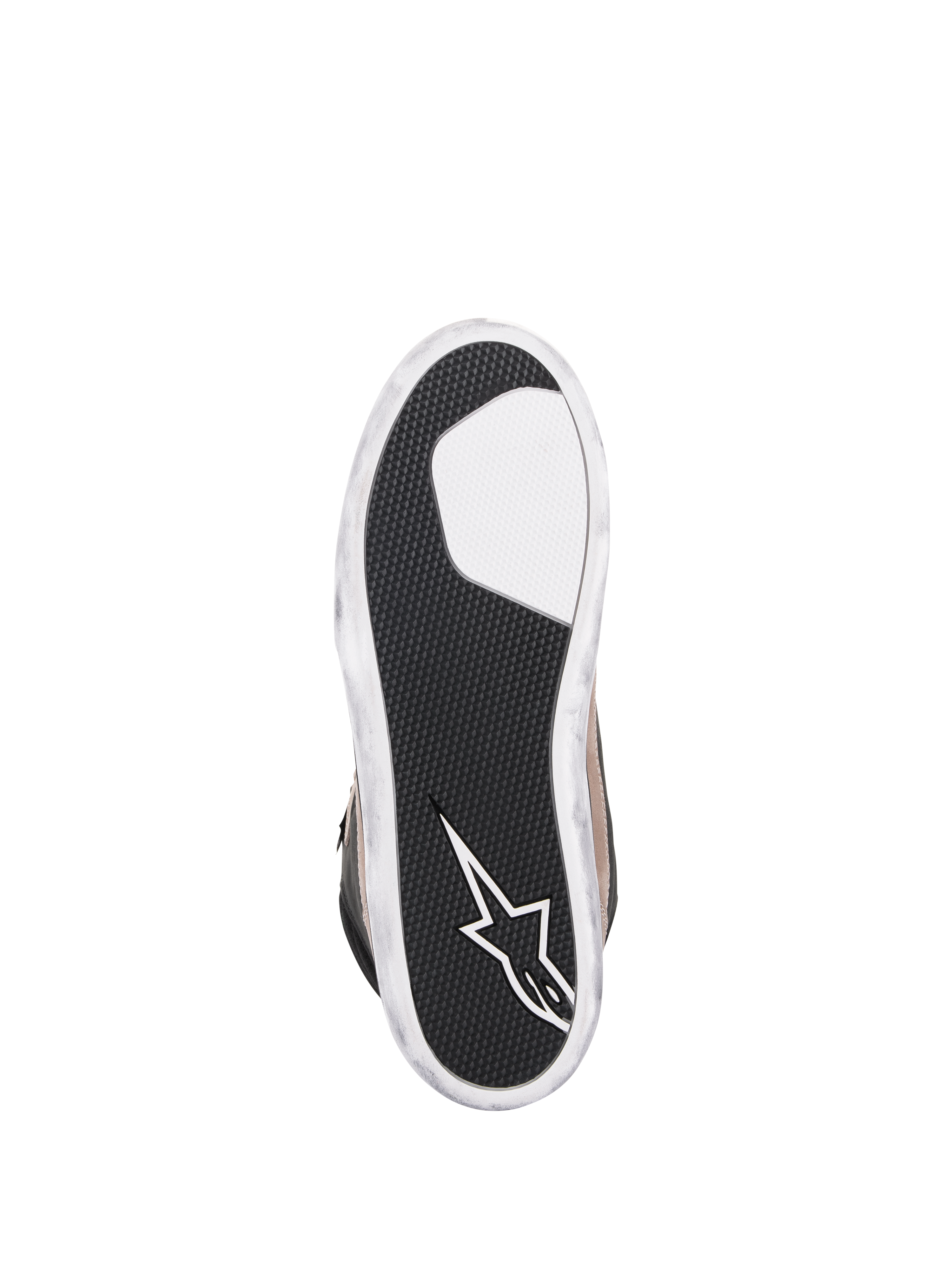 Alpinestars J-6 Waterproof Shoe, Motorcycle Riding Shoe, Black Flint White, bottom view of the outsole featuring textured black rubber for grip, white Alpinestars star logo on the heel, and distressed white edges