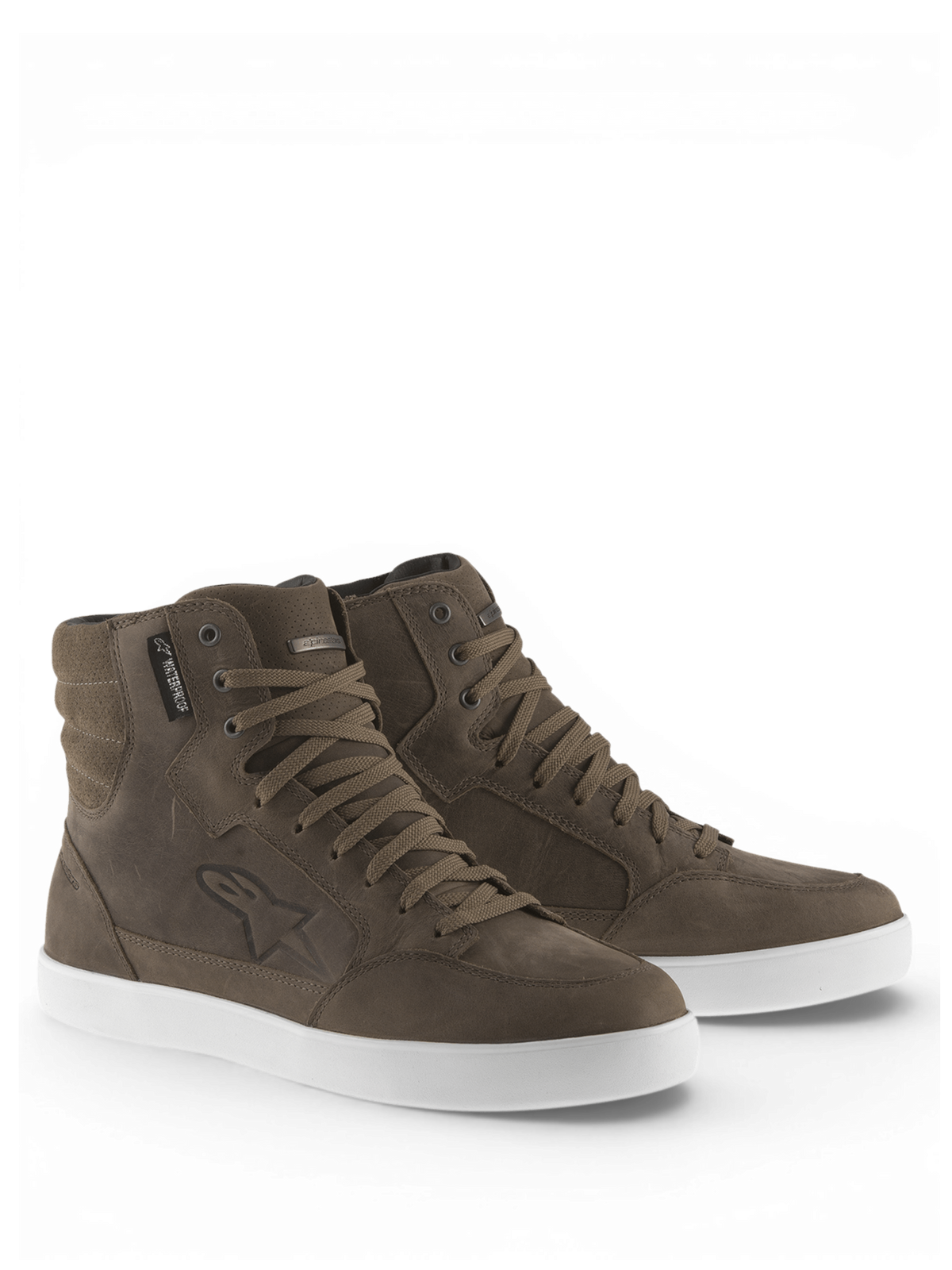 Chaussures de moto Alpinestars J-6 Waterproof pour homme, style urbain, marron et blanc, en cuir premium.