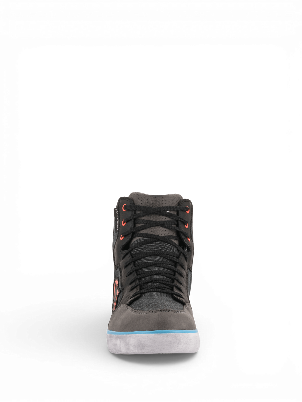 Alpinestars J-6 Waterdichte Canvas Schoenen, urban motorlaarzen voor heren, grijs en zwart met lichtblauwe accenten, waterdicht en ademend leer, CE-gecertificeerd.