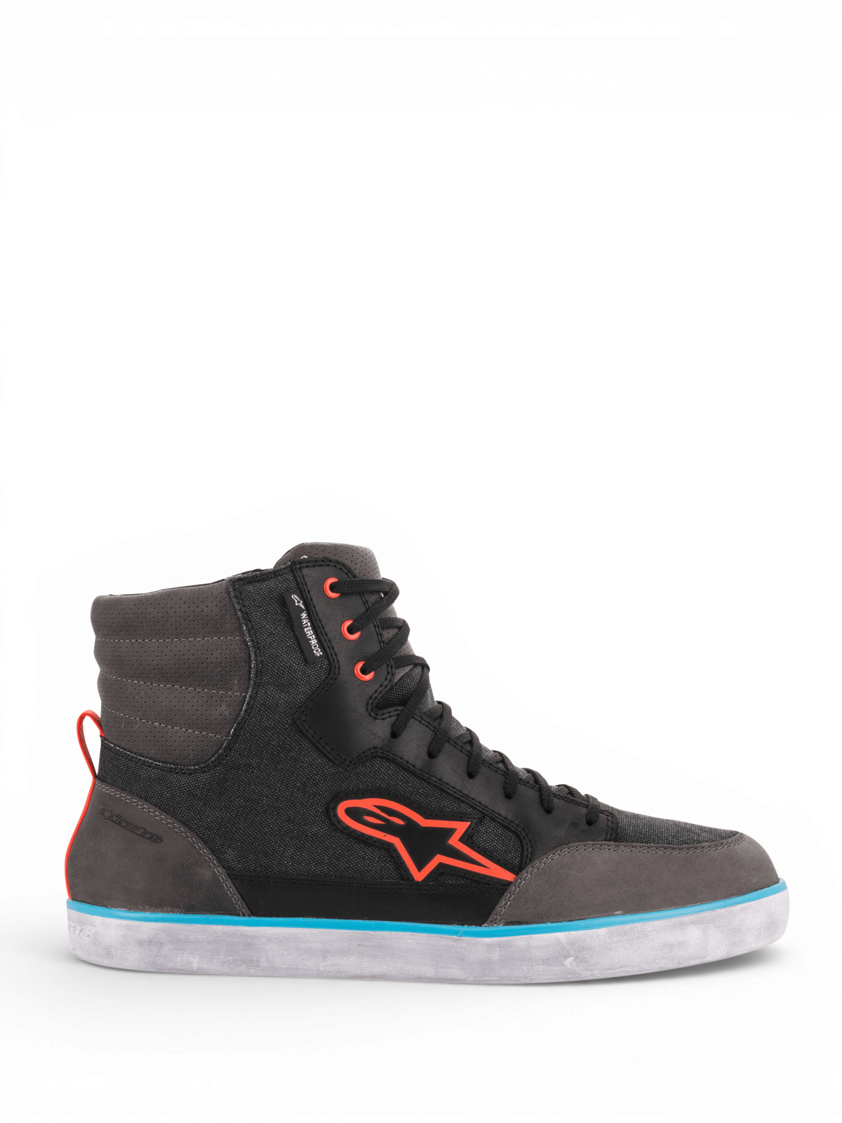 Alpinestars J-6 Wasserdicht Canvas Motorradschuhe für Herren, Schwarz und Grau mit hellblauen und orangefarbenen Akzenten.