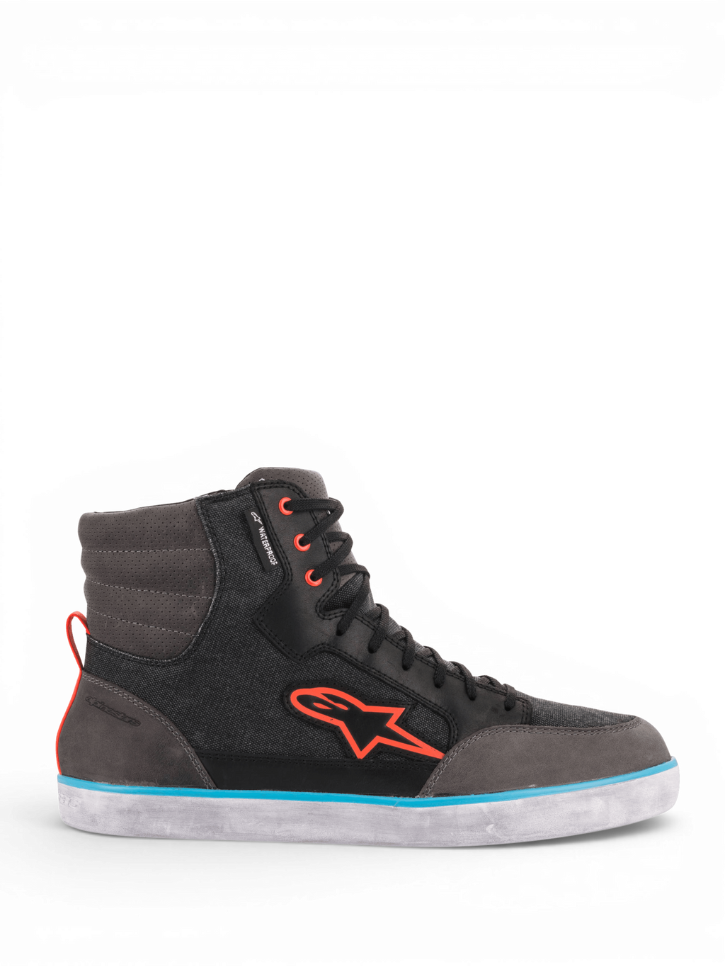 Alpinestars J-6 Waterproof Canvas motorlaarzen, heren, zwart en grijs met lichtblauwe en oranje accenten, waterdicht leer.