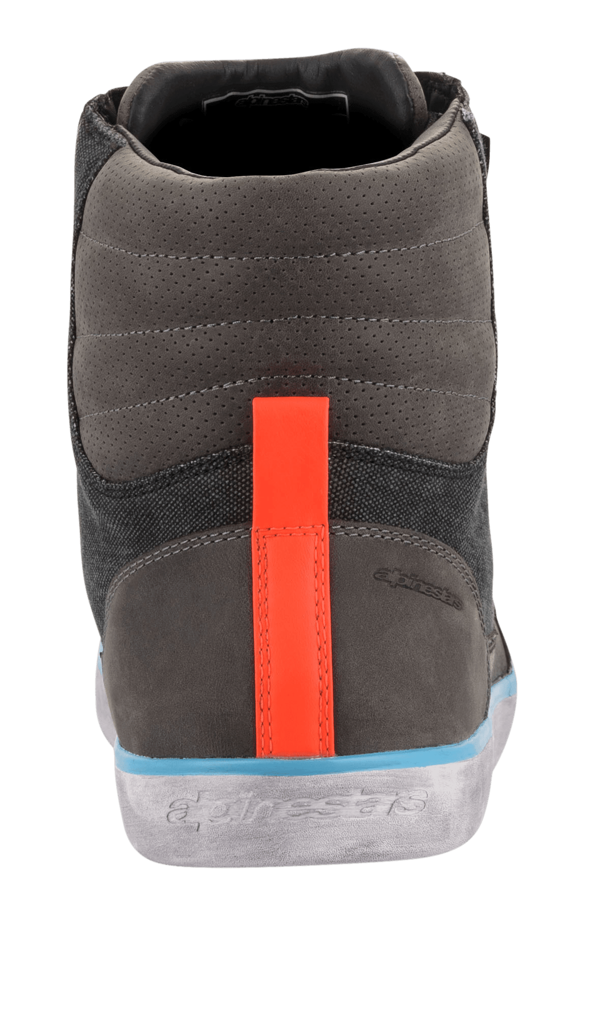 Alpinestars J-6 Wasserdichter Canvas Motorradschuh, Rückansicht, graues und anthrazitfarbenes Obermaterial mit leuchtend orangem Fersenstreifen, hellblauer Rand über grauer Sohle im Distressed-Look, urbaner Motorradstiefel im Sneaker-Stil mit geprägtem Logo