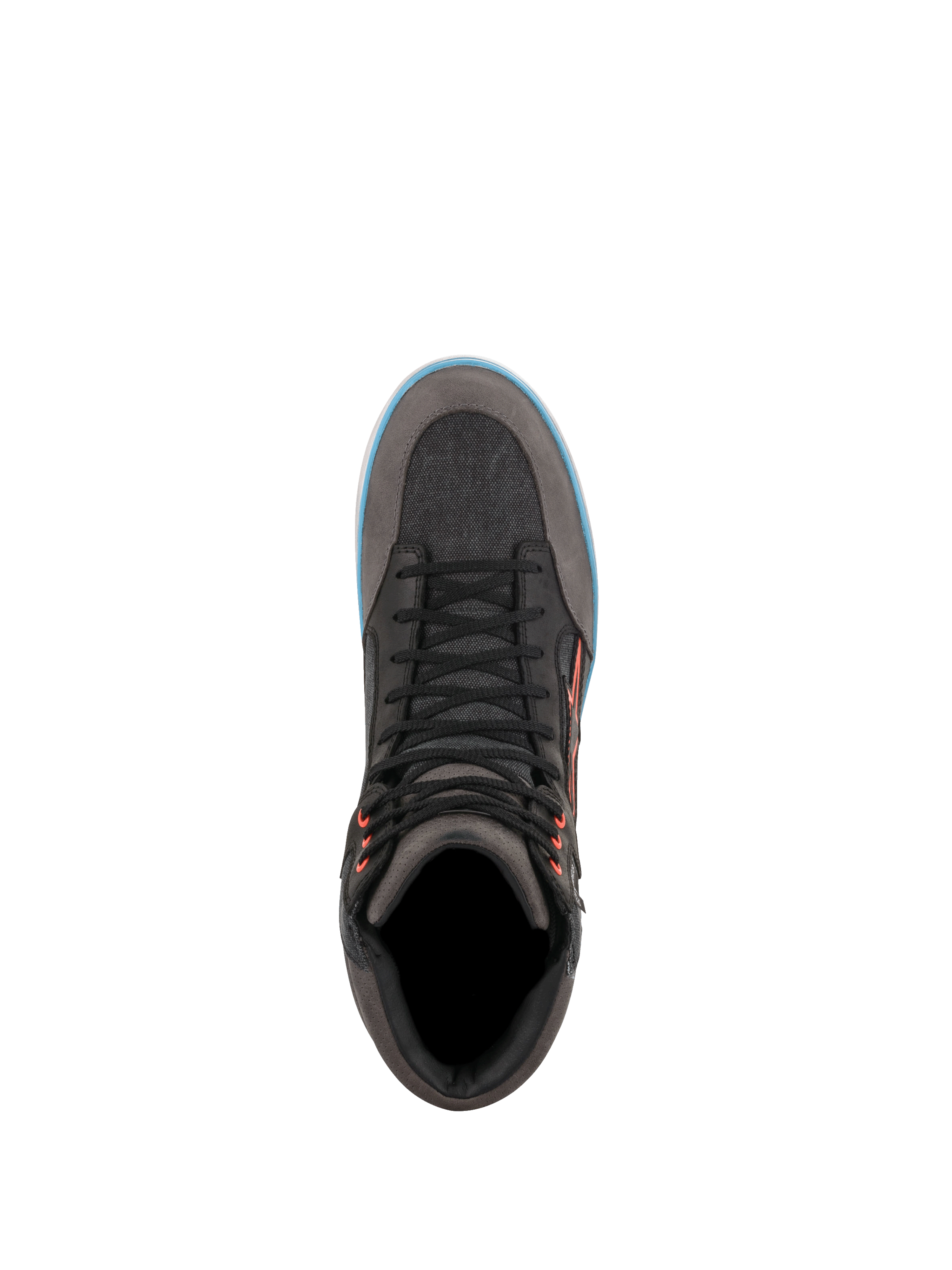 Alpinestars J-6 waterdichte canvas schoenen, urban herenmotorlaarzen in grijs en zwart met blauwe details, bovenaanzicht.