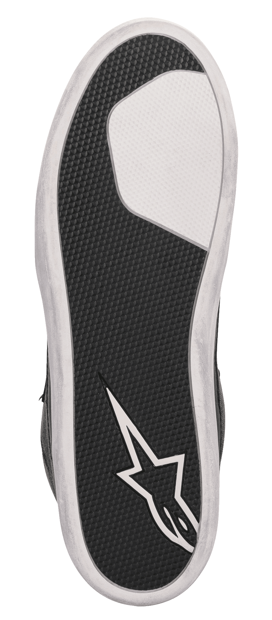 Alpinestars J-6 Waterproof Canvas Reitschuh, Sohlenansicht, schwarzer strukturierter Gummi mit weißem Vorderfußbereich und weißem Alpinestars Stern-Logo an der Ferse, strapazierfähiges Gummischalen-Sohlendesign zum Motorradfahren.