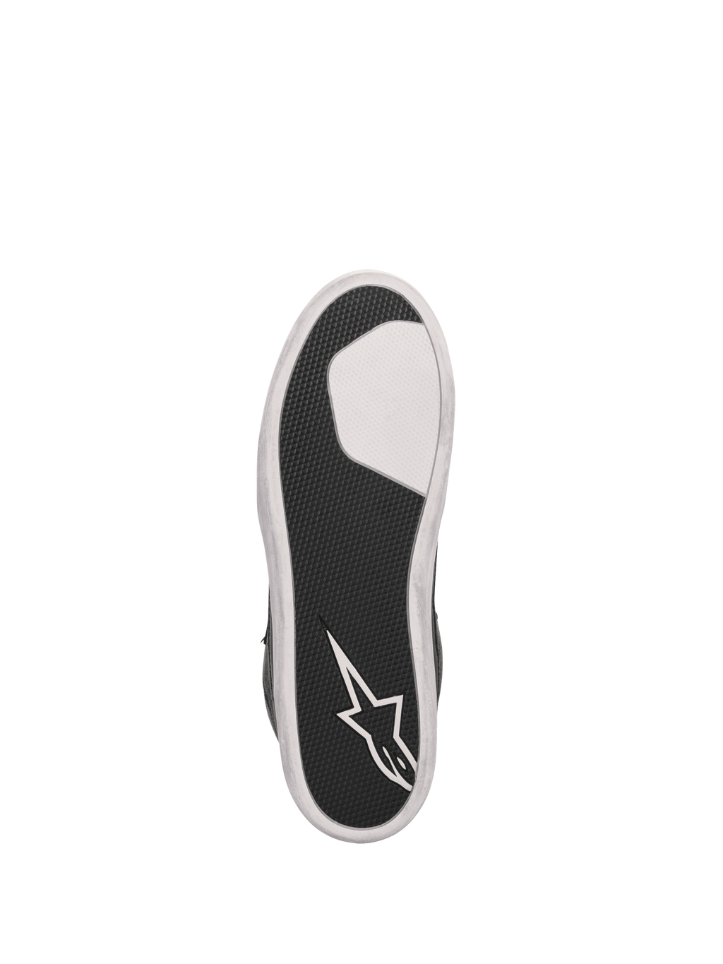 Alpinestars J-6 waterdichte motorlaarszool, zwart en witte gevulkaniseerde rubberen cupzool met grip en Alpinestars-logo.