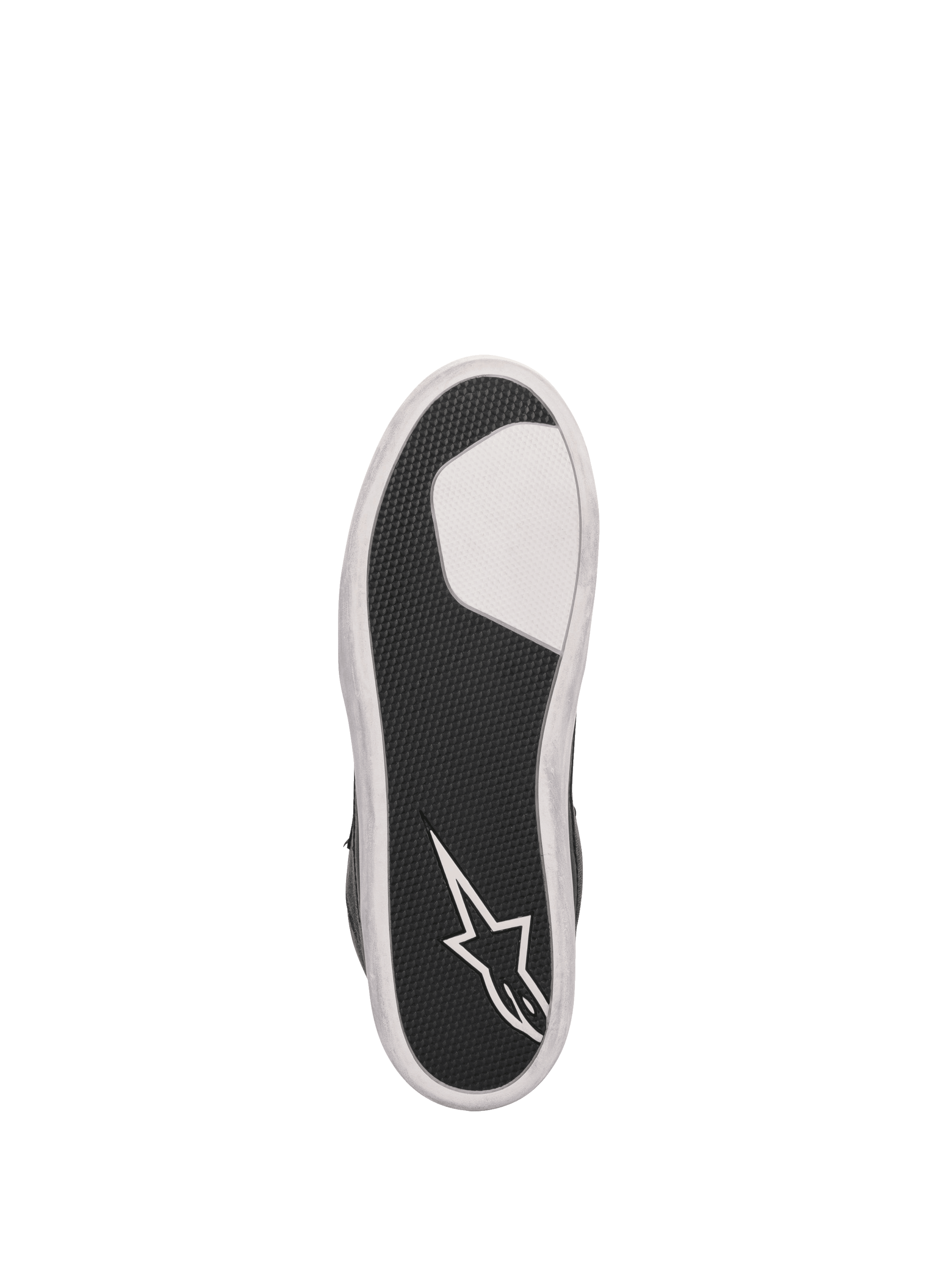 Alpinestars J-6 waterdichte motorlaarszool, zwart en witte gevulkaniseerde rubberen cupzool met grip en Alpinestars-logo.