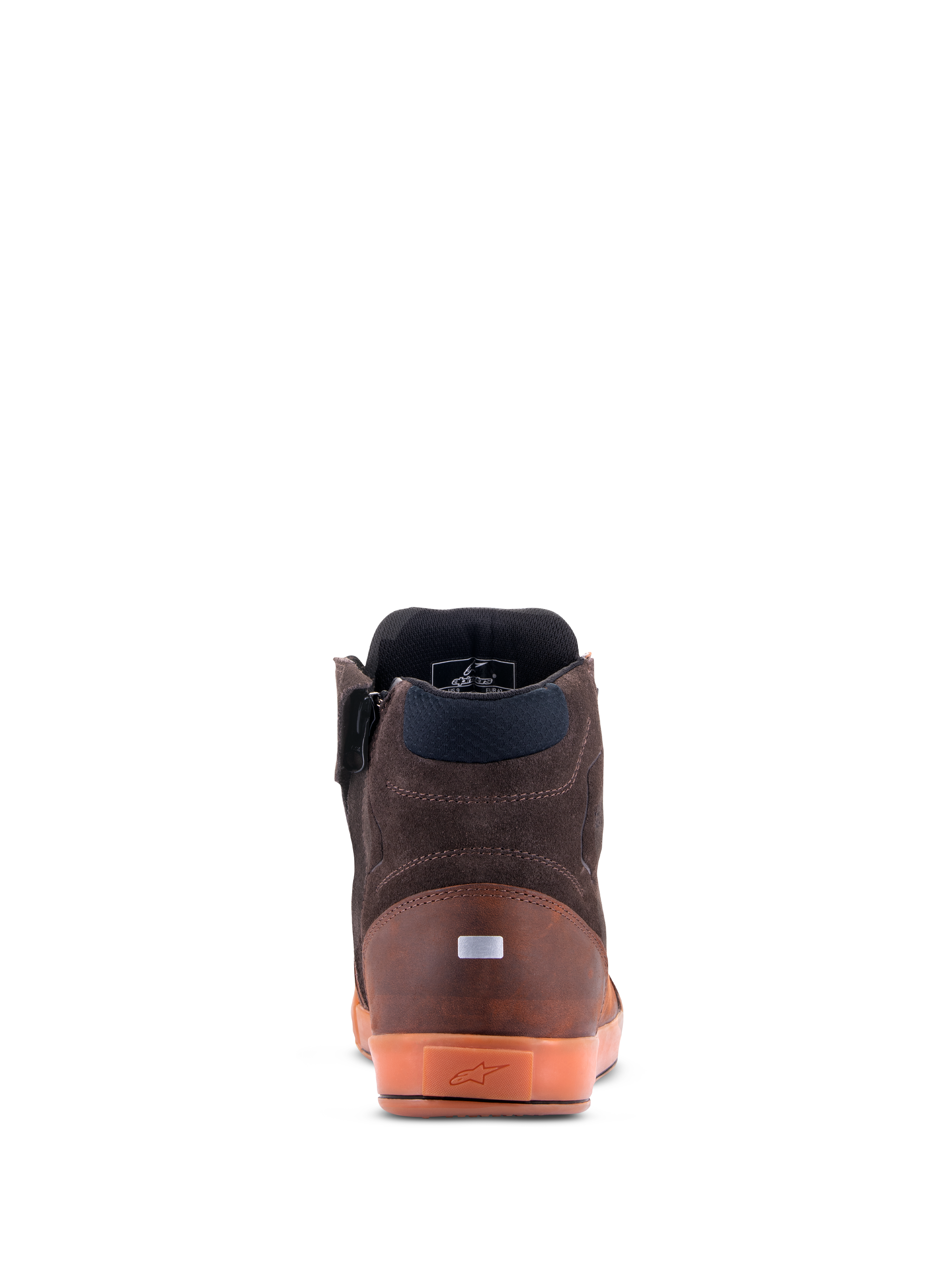 Alpinestars Chrome Crafted Drystar® schoenen, achteraanzicht, Brown Gum, casual urban motorschoenen, constructie van leer en suède, doorschijnende gumzool met logo in reliëf, reflecterend hielaccent
