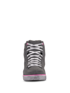 Alpinestars J-6 Waterproof damesschoenen, motorschoenen, lichtgrijs en fuchsia, vooraanzicht van sneaker-stijl high-top met witte veters en roze accenten, waterdichte constructie van leer en suède