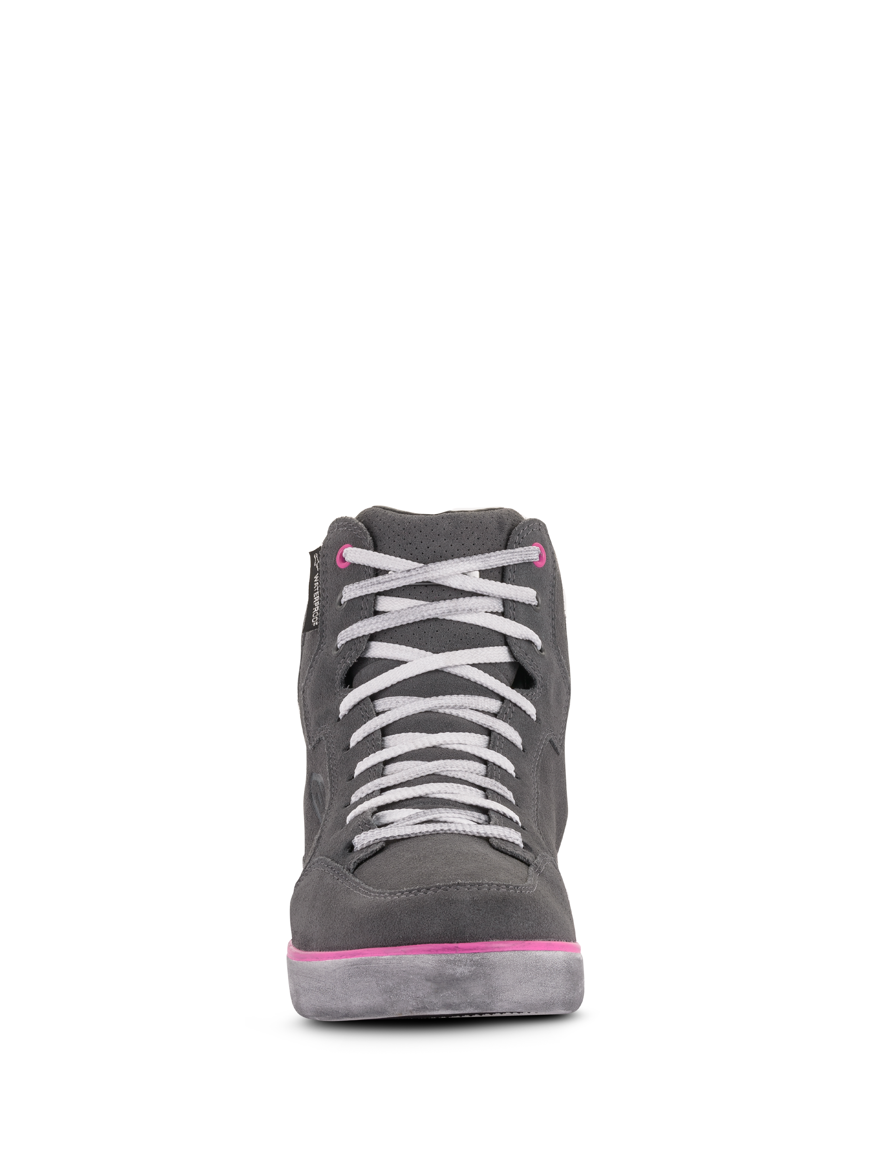 Alpinestars J-6 Waterproof damesschoenen, motorschoenen, lichtgrijs en fuchsia, vooraanzicht van sneaker-stijl high-top met witte veters en roze accenten, waterdichte constructie van leer en suède