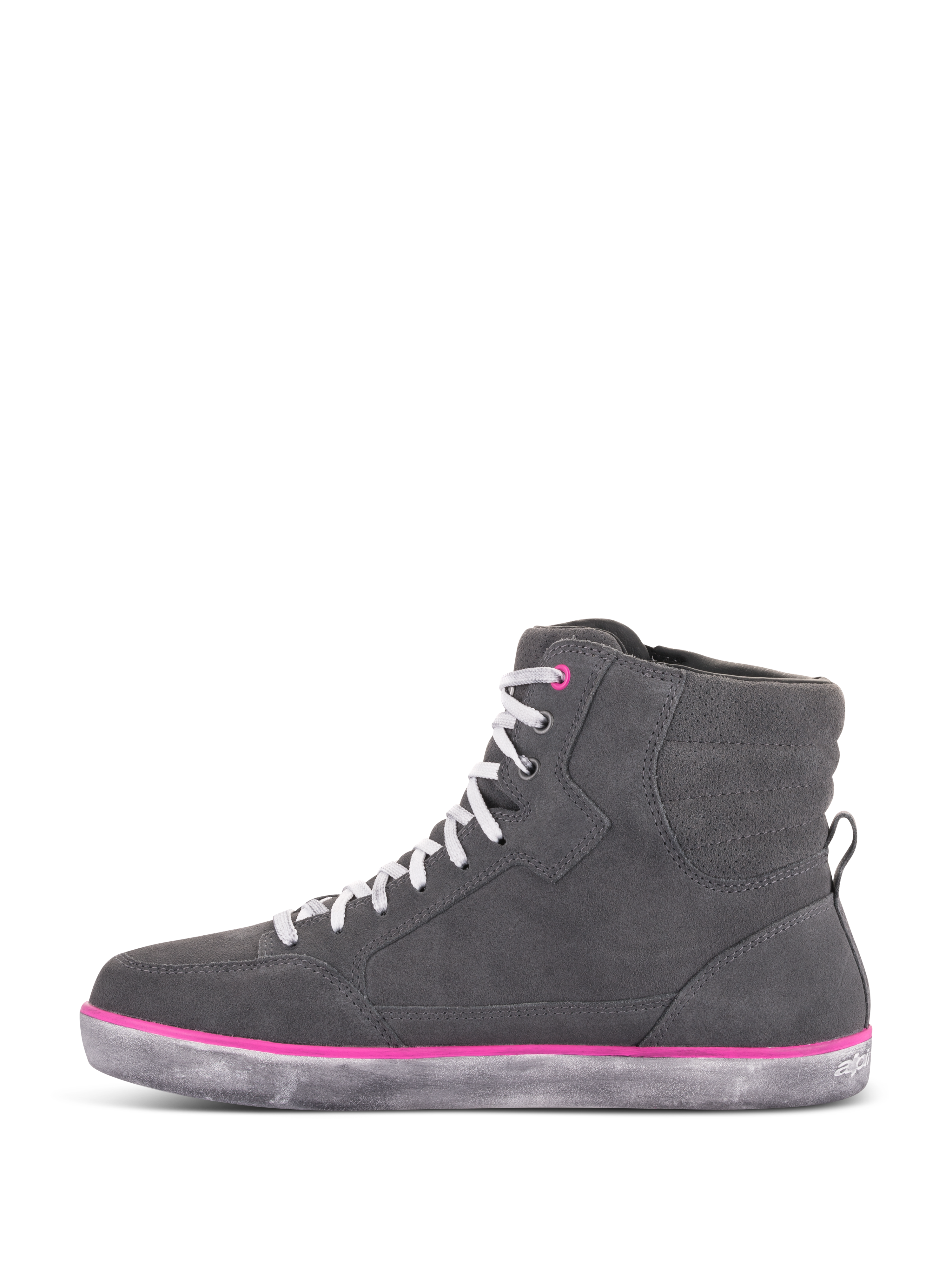 Alpinestars J-6 Waterproof damesschoenen, motorschoenen, lichtgrijs en fuchsia, hoog sneakerontwerp met grijs suède bovenwerk, witte veters, fuchsia accenten en een verweerde grijze rubberen zool