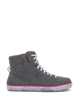 Alpinestars Women's J-6 Waterproof Shoes, Riding Shoes, Gray and Fuchsia, high-top sneaker design featuring a gray suede upper, white laces, and a vibrant pink accent line above the weathered rubber sole.