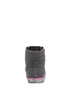 Alpinestars J-6 Waterproof damesschoen, grijs en fuchsia, achteraanzicht, suède bovenwerk met roze detail op de tussenzool en reliëflogo op de rubberen zool, urban motorschoeisel