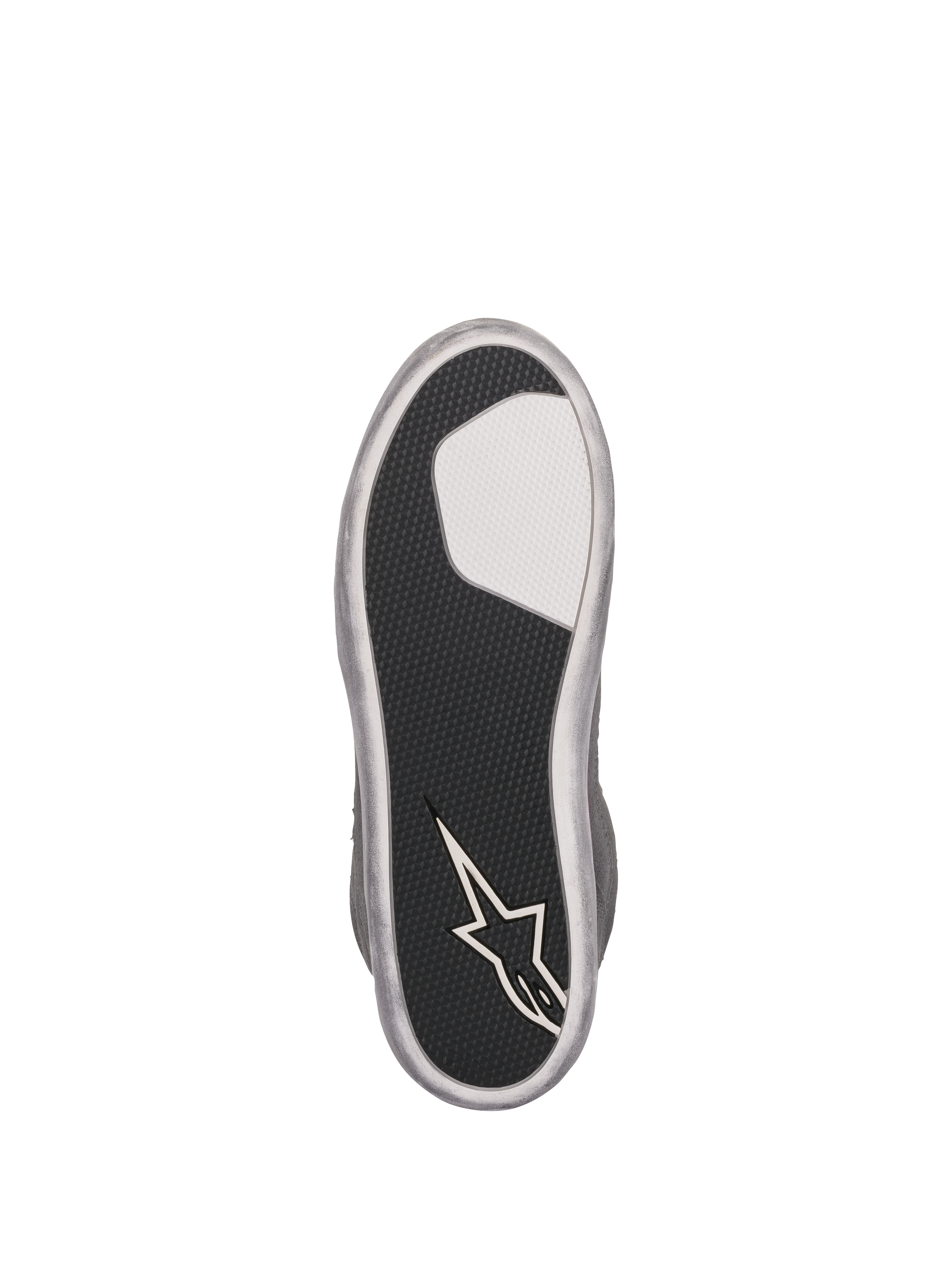 Alpinestars J-6 Waterproof damesschoenen, onderaanzicht zool, zwarte rubberen zool met textuur, witte inzet en Alpinestars sterlogo op de hiel, zilvergrijze rand, duurzaam ontwerp voor grip