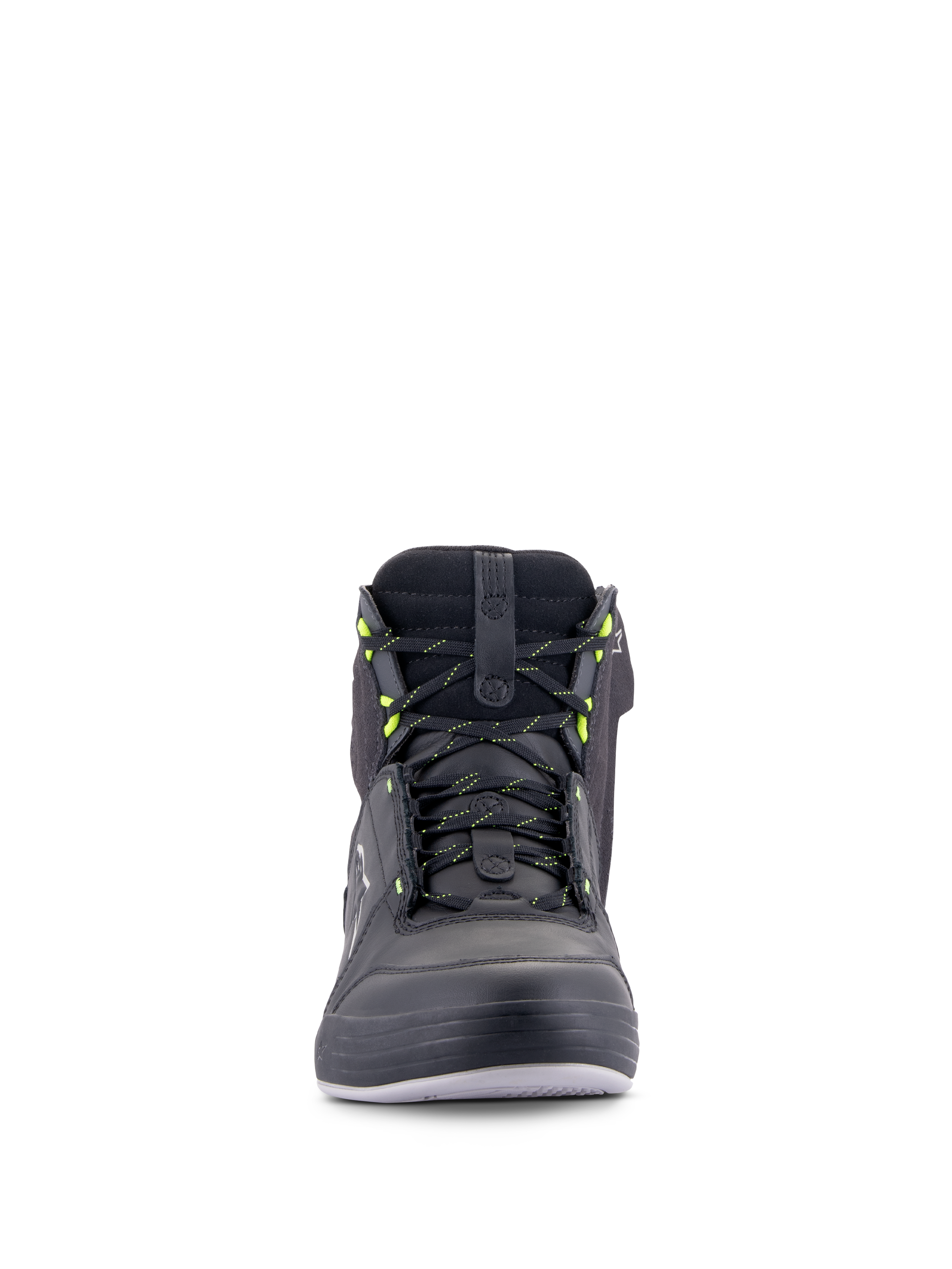 Alpinestars Chrome Drystar® schoenen, stedelijke motorschoenen, zwart donkergrijs en fluogeel, vooraanzicht met veters met gele accenten, hoge constructie van leer en suède, waterdicht casual streetwear-ontwerp