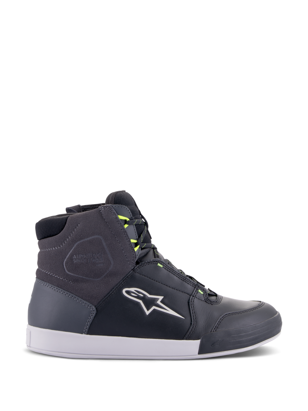Alpinestars Chrome Drystar schoenen, urban motorrij-sneakers in zwart, donkergrijs en neongeel, met panelen van premium leer en suède, witte zool, neongele veters en kenmerkend sterlogo