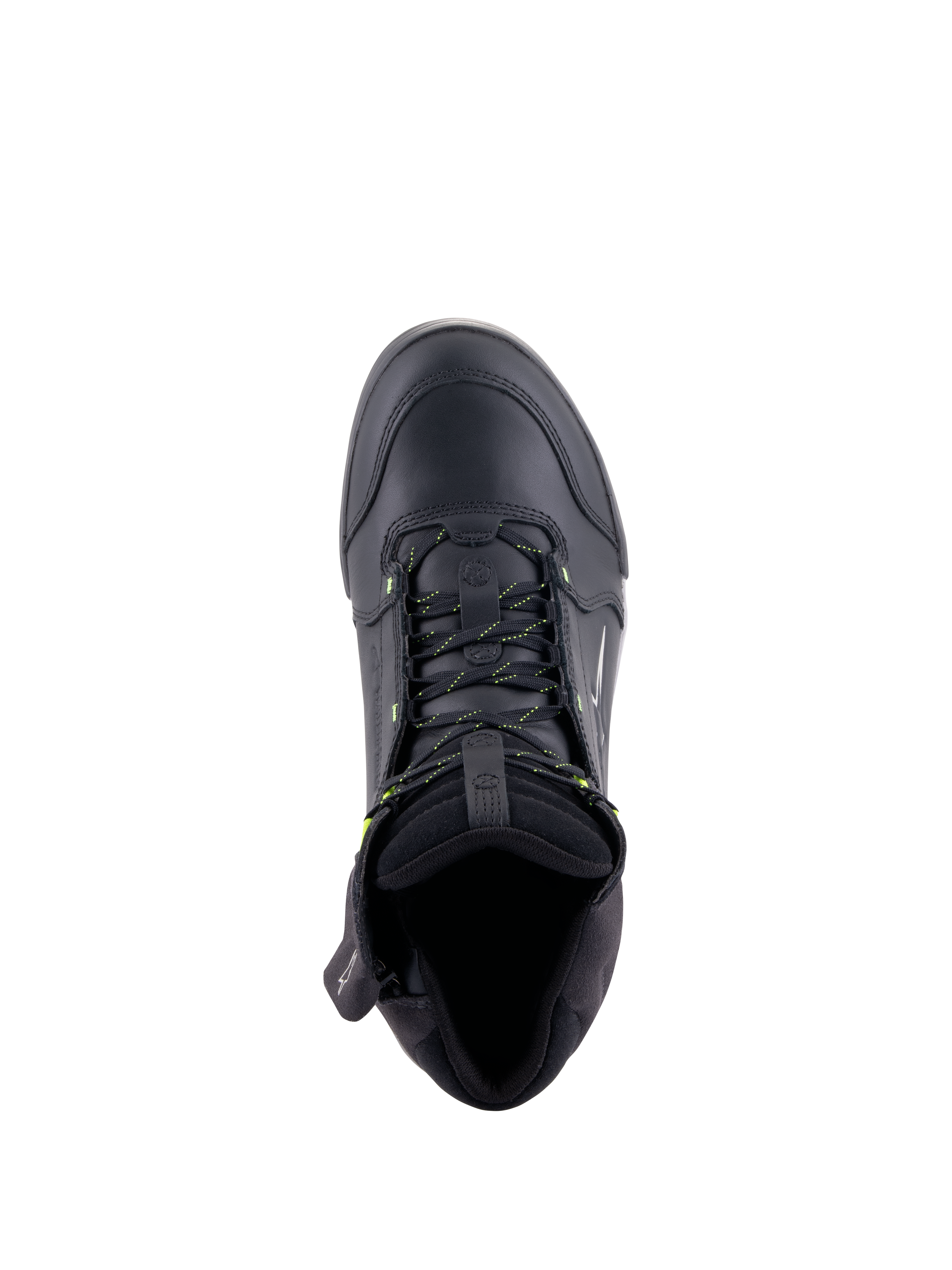 Alpinestars Chrome Drystar® schoenen, stedelijke motorschoenen, zwart en fluogeel, bovenaanzicht met premium leren constructie, veters met gele accenten en gevoerde kraag voor comfort
