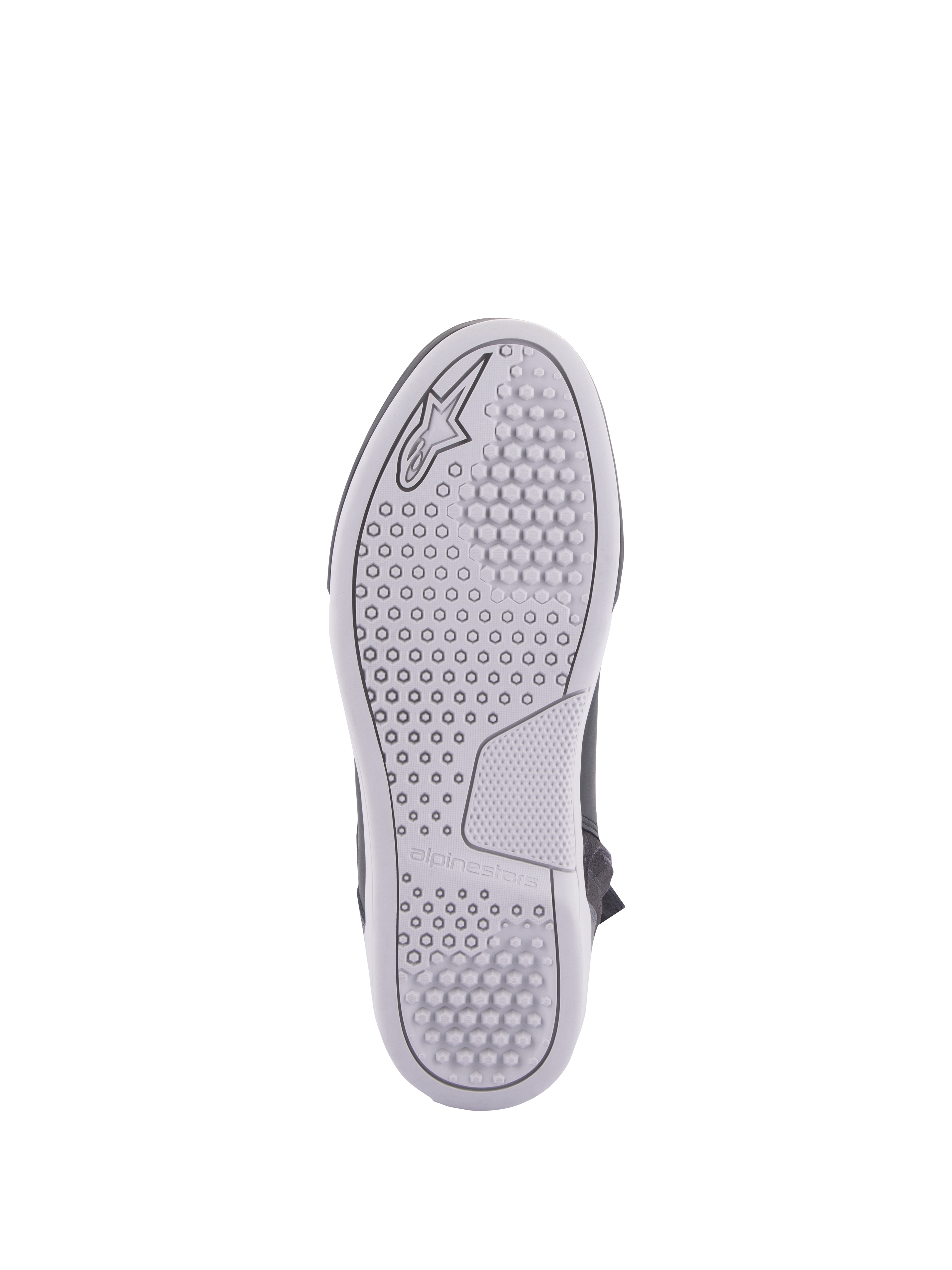 Alpinestars Chrome Drystar® schoenen, urban motorschoenen, onderaanzicht van de zool, lichtgrijze rubberen zool met zeshoekige en ronde grippatronen, Alpinestars-logo en merknaam in reliëf