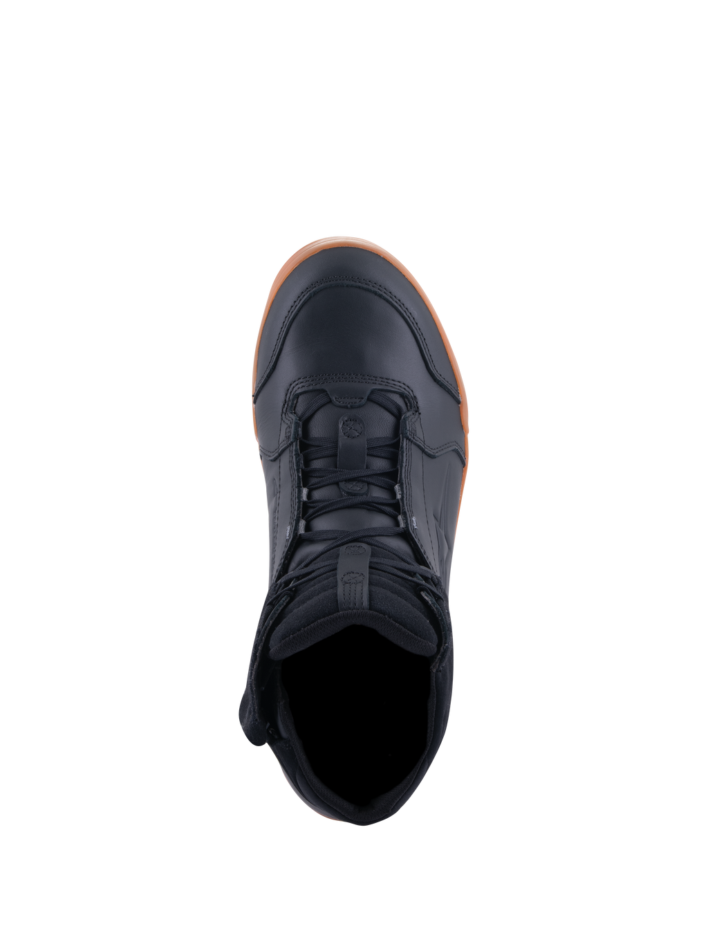 Chaussures Alpinestars Chrome Drystar®, chaussures de moto, noir et gomme, vue de dessus montrant le laçage et le col rembourré, design urbain décontracté avec tige en cuir et semelle en caoutchouc gomme