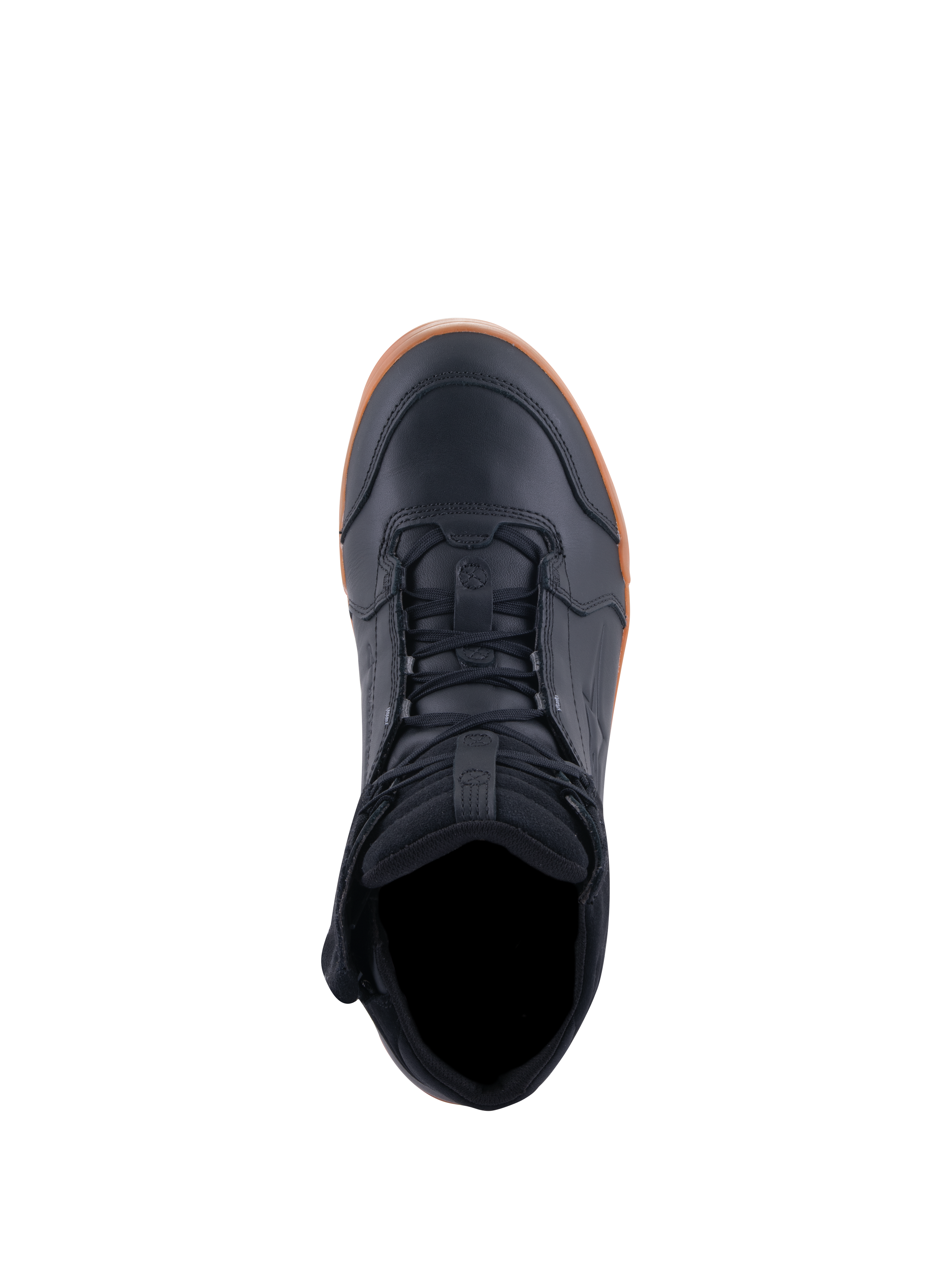 Chaussures Alpinestars Chrome Drystar®, chaussures de moto, noir et gomme, vue de dessus montrant le laçage et le col rembourré, design urbain décontracté avec tige en cuir et semelle en caoutchouc gomme