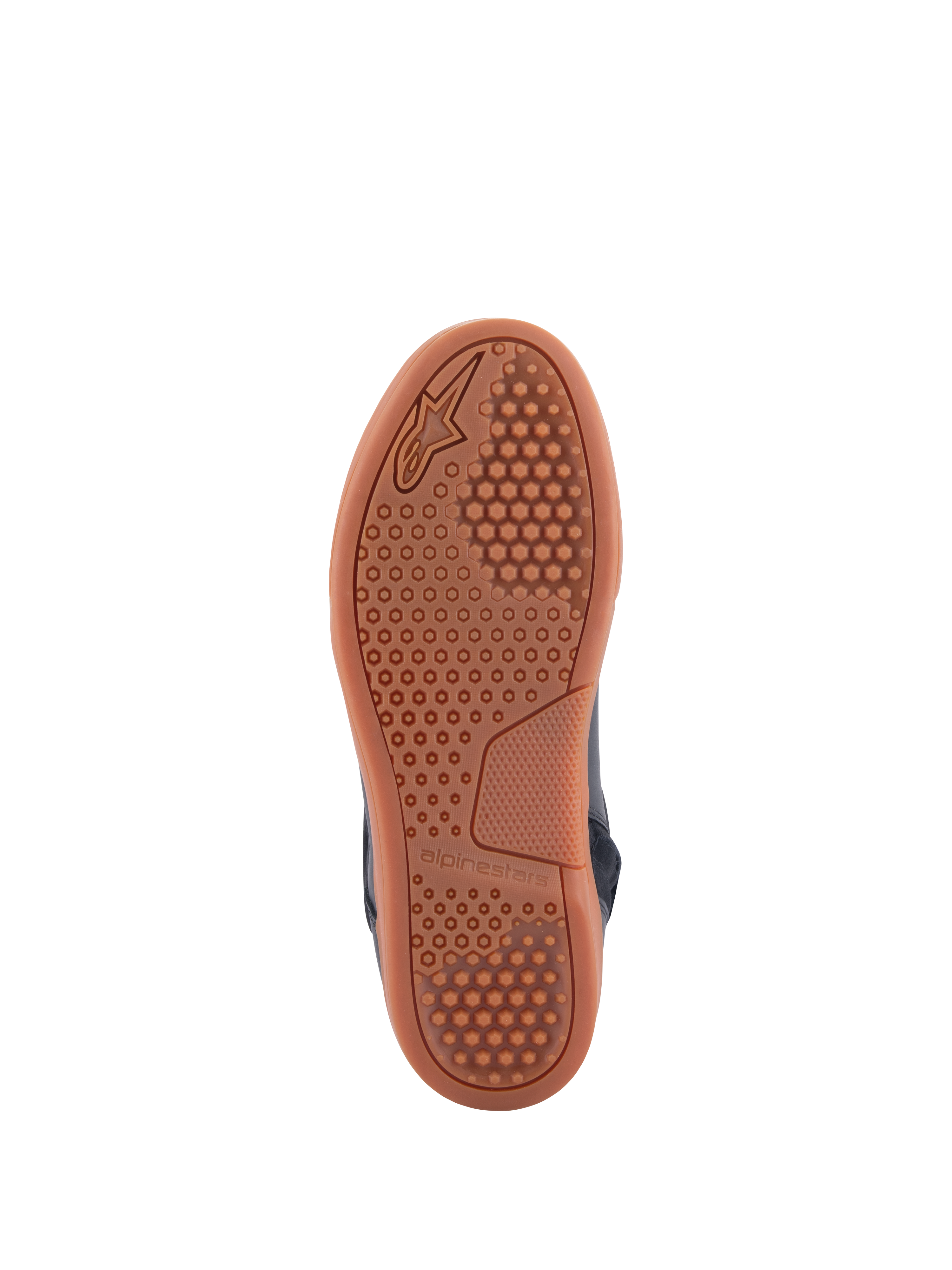 Chaussures Alpinestars Chrome Drystar®, vue de la semelle, semelle extérieure en caoutchouc couleur gomme avec motif d'adhérence hexagonal, chaussures de moto urbaines décontractées, coloris Noir Noir Gomme