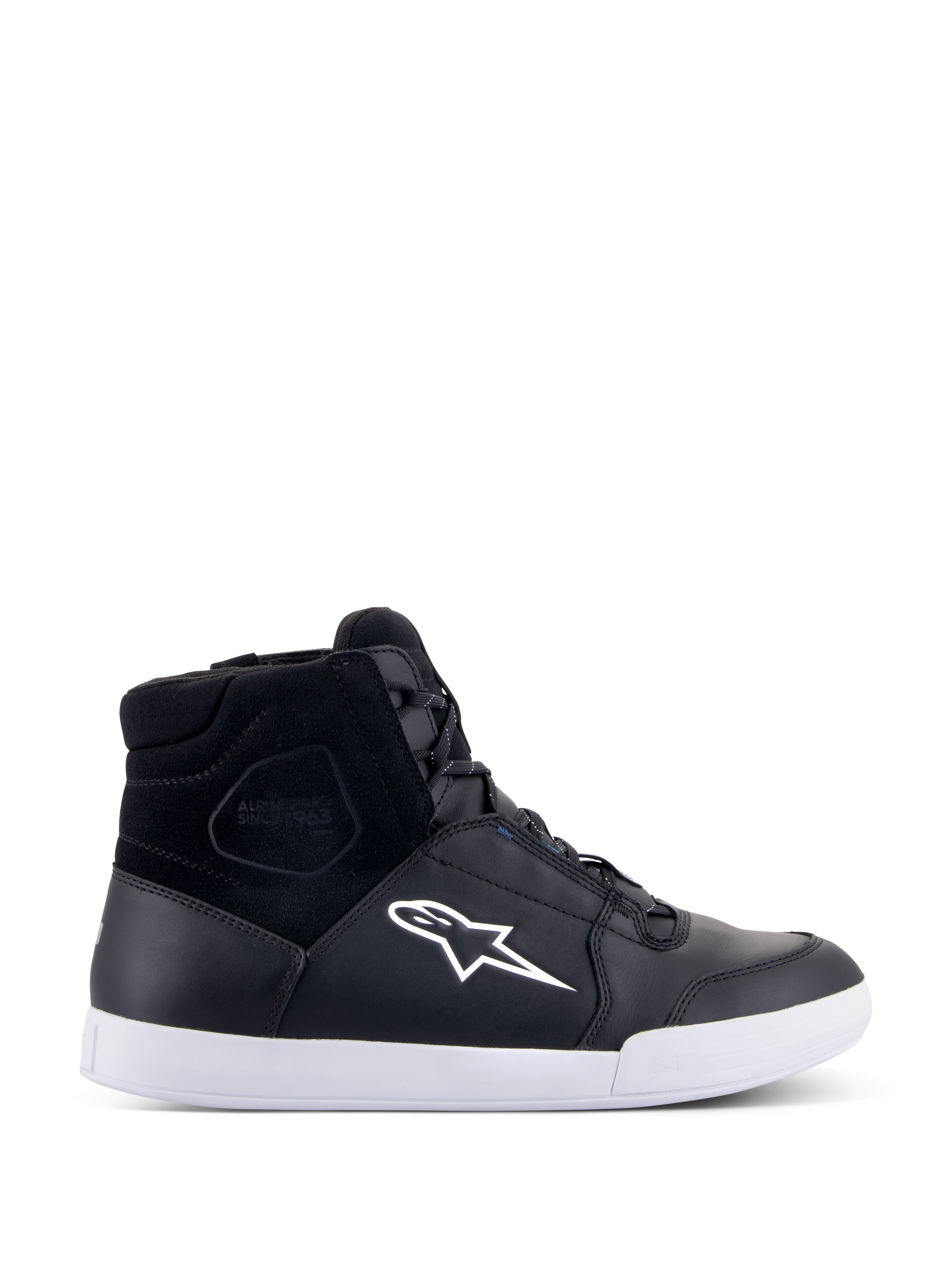 Alpinestars Chrome Drystar Schuhe, Schwarze High-Top Motorrad-Sneaker mit weißem Stern-Logo und weißer Sohle, Wasserdichtes Obermaterial aus Leder und Wildleder, Urbanes Schuhwerk mit gepolstertem Knöchelbereich