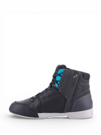 Alpinestars Stella Chrome Drystar, chaussures de moto urbaines pour femme, noires et turquoise, imperméables avec membrane Drystar, construction en cuir et daim.