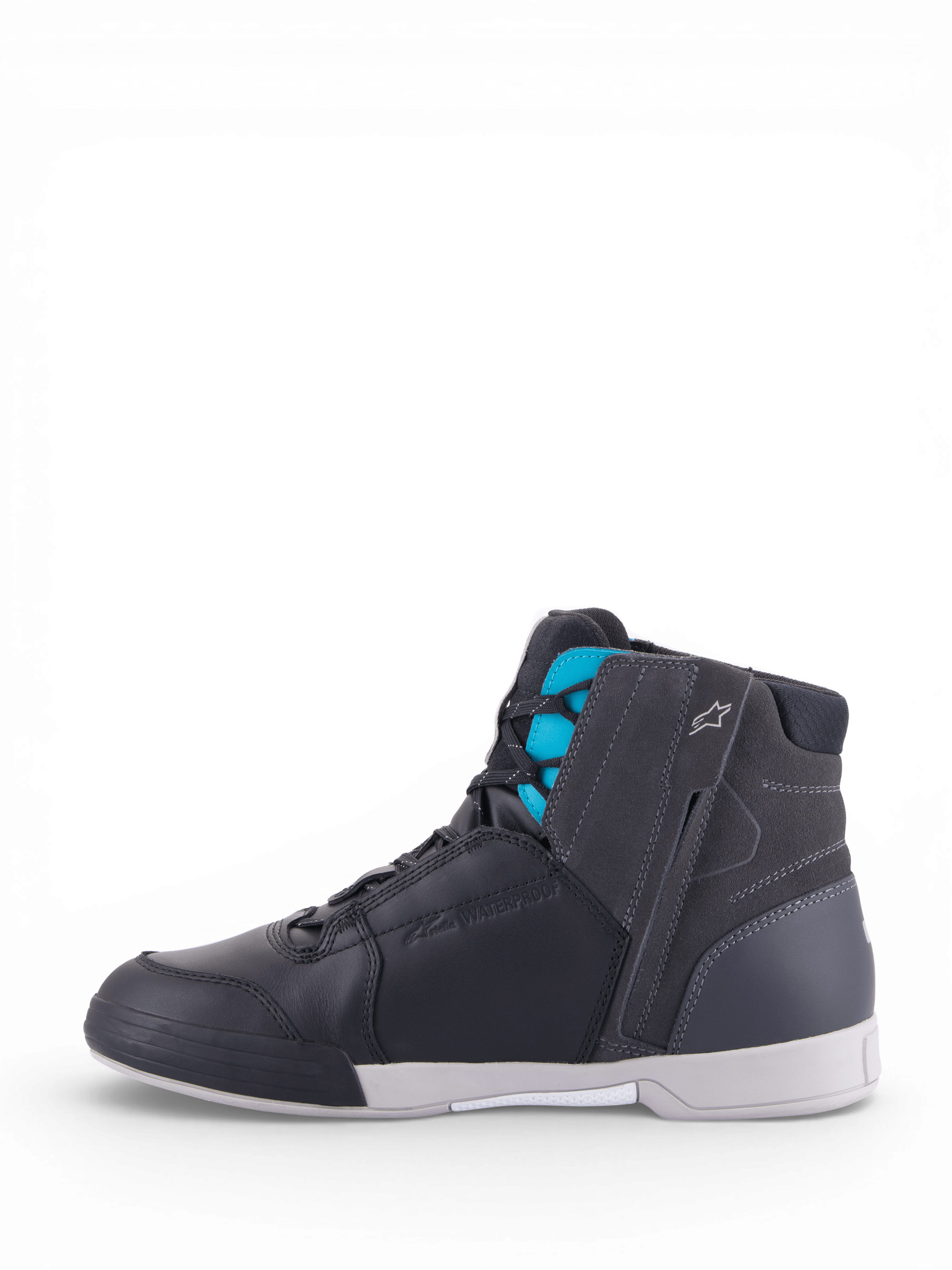 Alpinestars Stella Chrome Drystar, chaussures de moto urbaines pour femme, noires et turquoise, imperméables avec membrane Drystar, construction en cuir et daim.