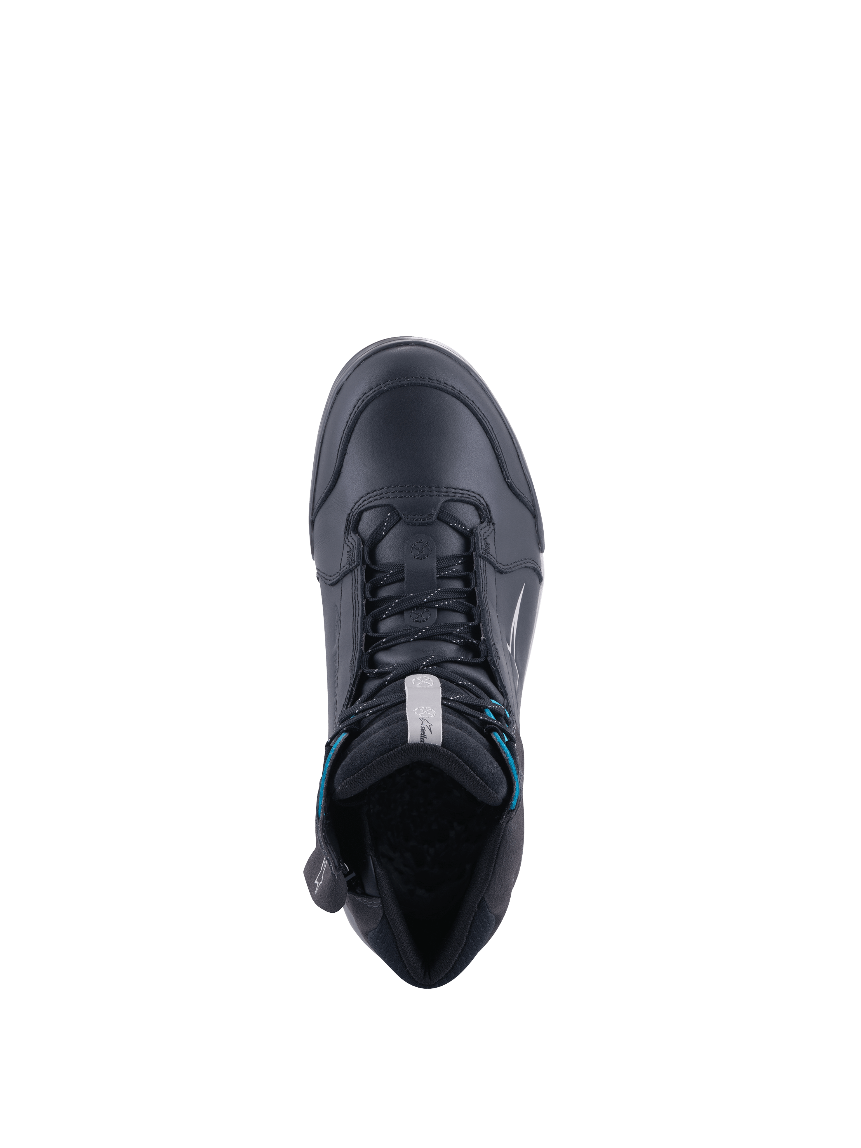 Alpinestars chaussures Drystar® Chrome, chaussures de moto pour femme, noires et turquoise, imperméables, vue de dessus.