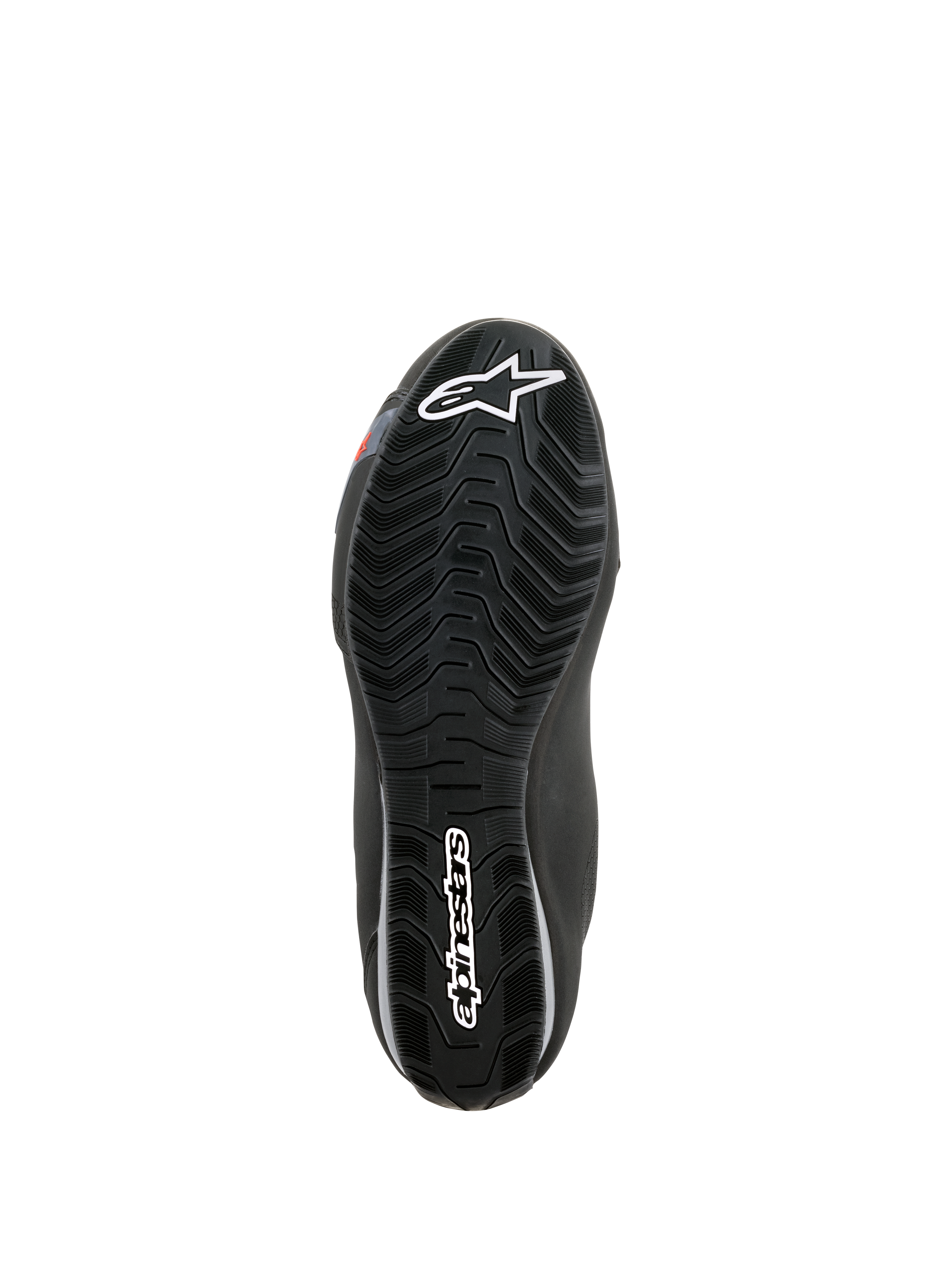 Alpinestars Sektor Waterproof Schuhe, Sohlenansicht, schwarzer Gummi mit Wellenprofil zur Wasserableitung, weißes Astars-Logo und Alpinestars-Branding, für Grip und Unterstützung der Motorrad-Fußrasten