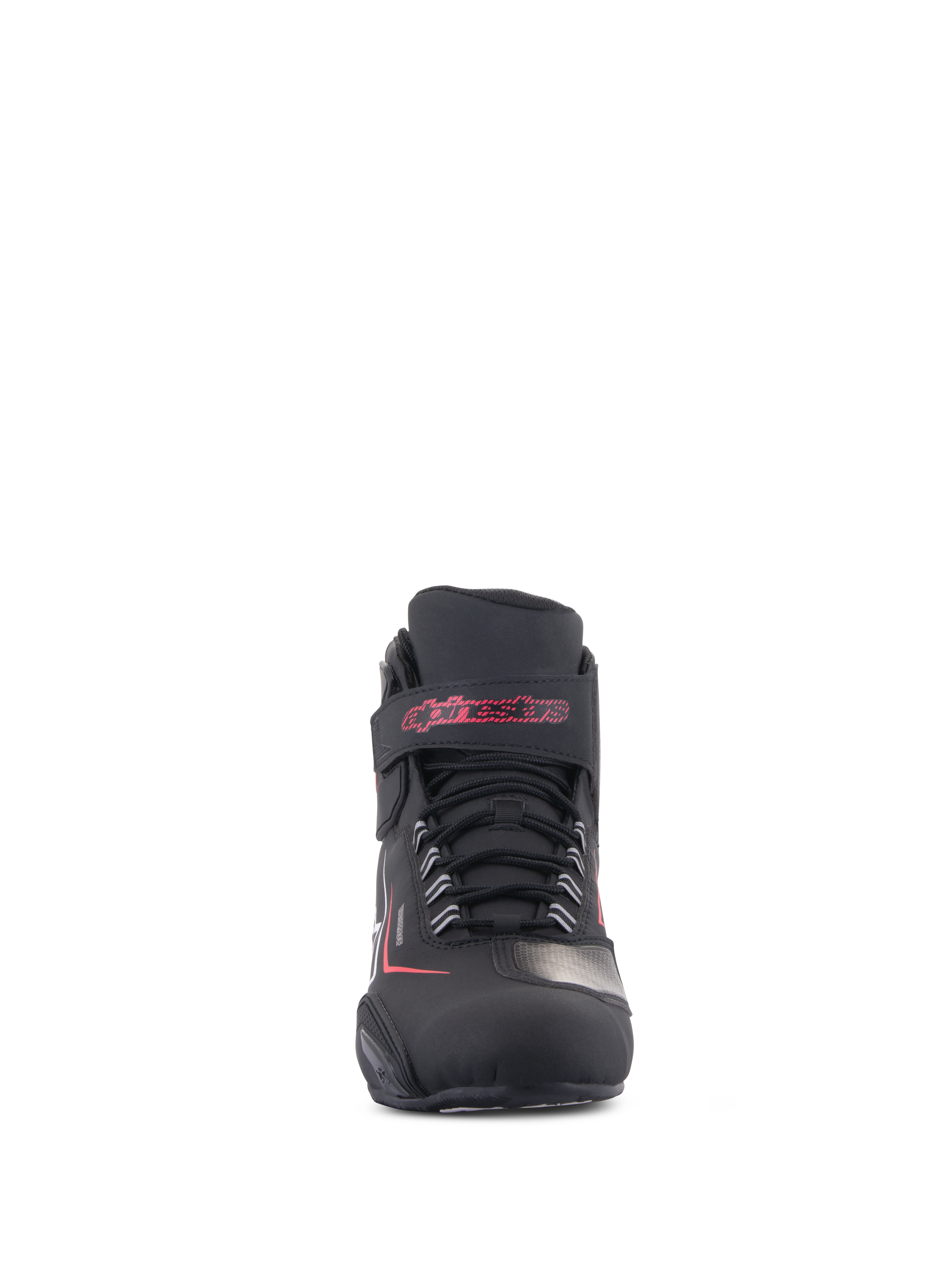 Alpinestars Sektor Wasserdichte Schuhe, Motorradschuhe, Schwarz mit weißen und roten Akzenten, Vorderansicht mit sicherem Schnürsystem und Klettverschluss-Knöchelriemen mit rotem Alpinestars-Schriftzug, strapazierfähiges Mikrofaser-Finish.