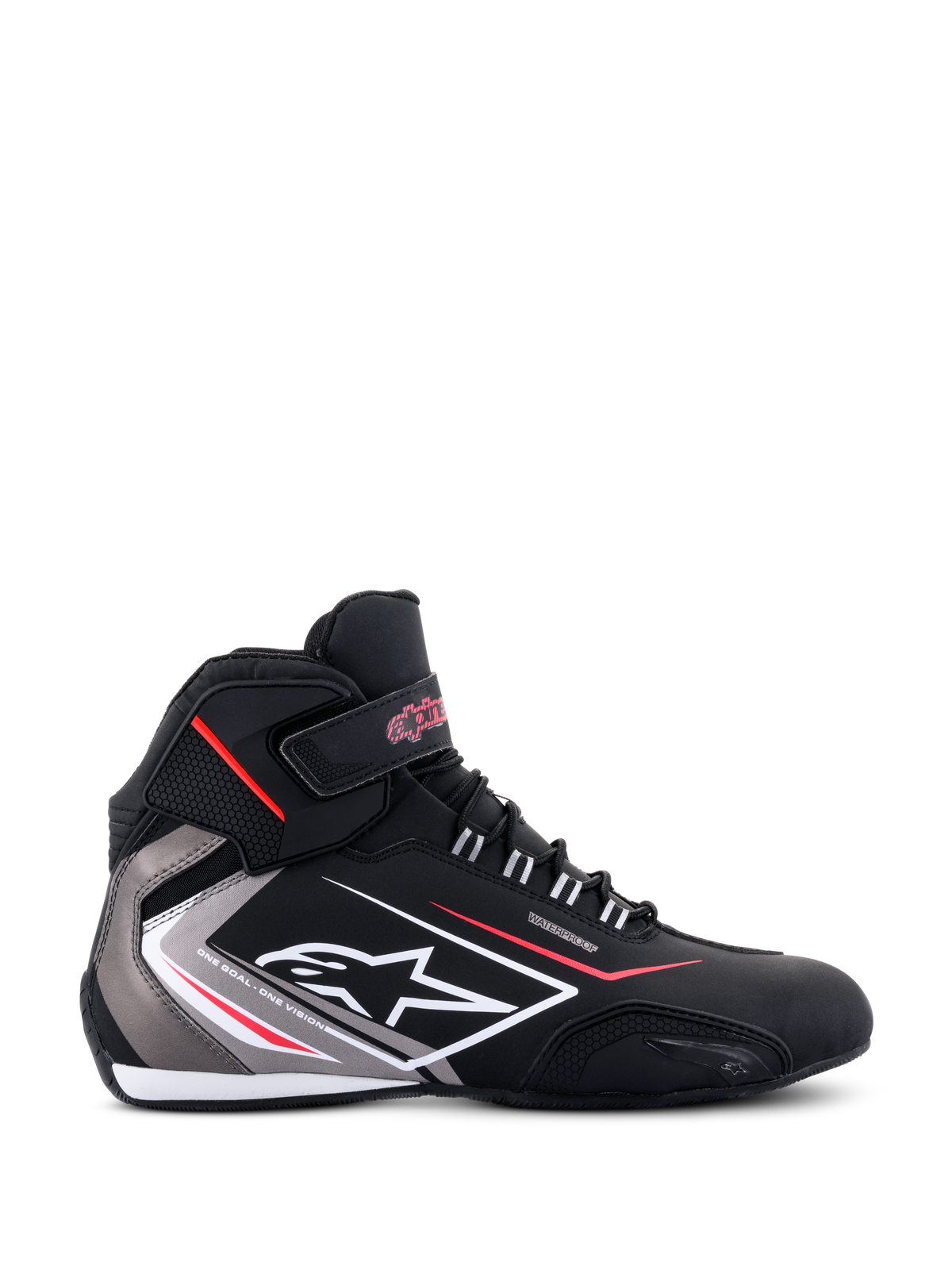 Chaussures étanches Alpinestars Sektor, profil latéral, noir avec accents gris et blancs et détails rouges, avec lacets, sangle de cheville en Velcro, logo Alpinestars et marquage « Waterproof », chaussures de moto élégantes.