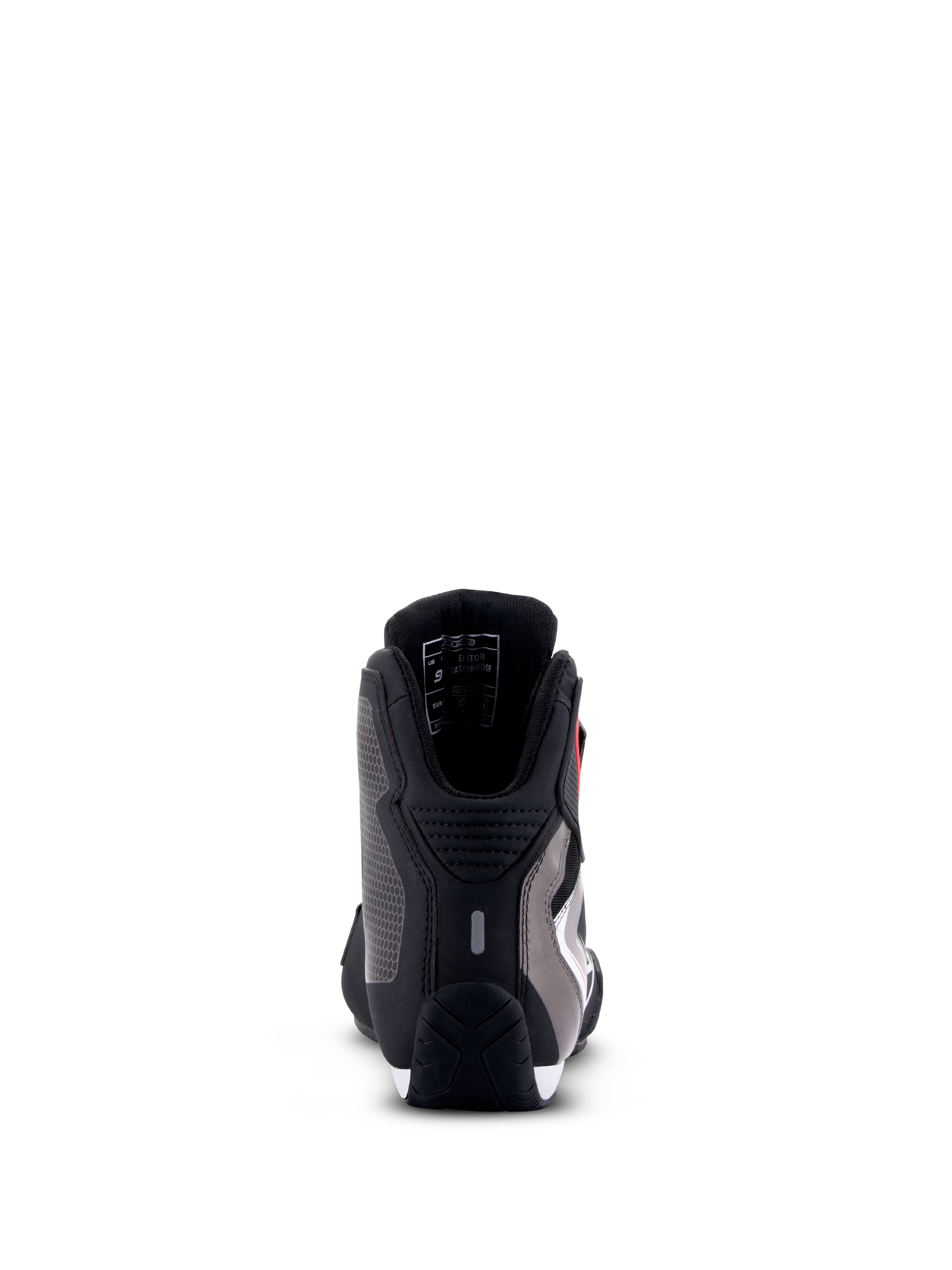 Alpinestars Sektor wasserdichte Schuhe, Motorradschuhe, Schwarz Weiß Grau, Rückansicht mit Fersenschutz, Mikrofaser-Chassis und strapazierfähiger Gummisohle.