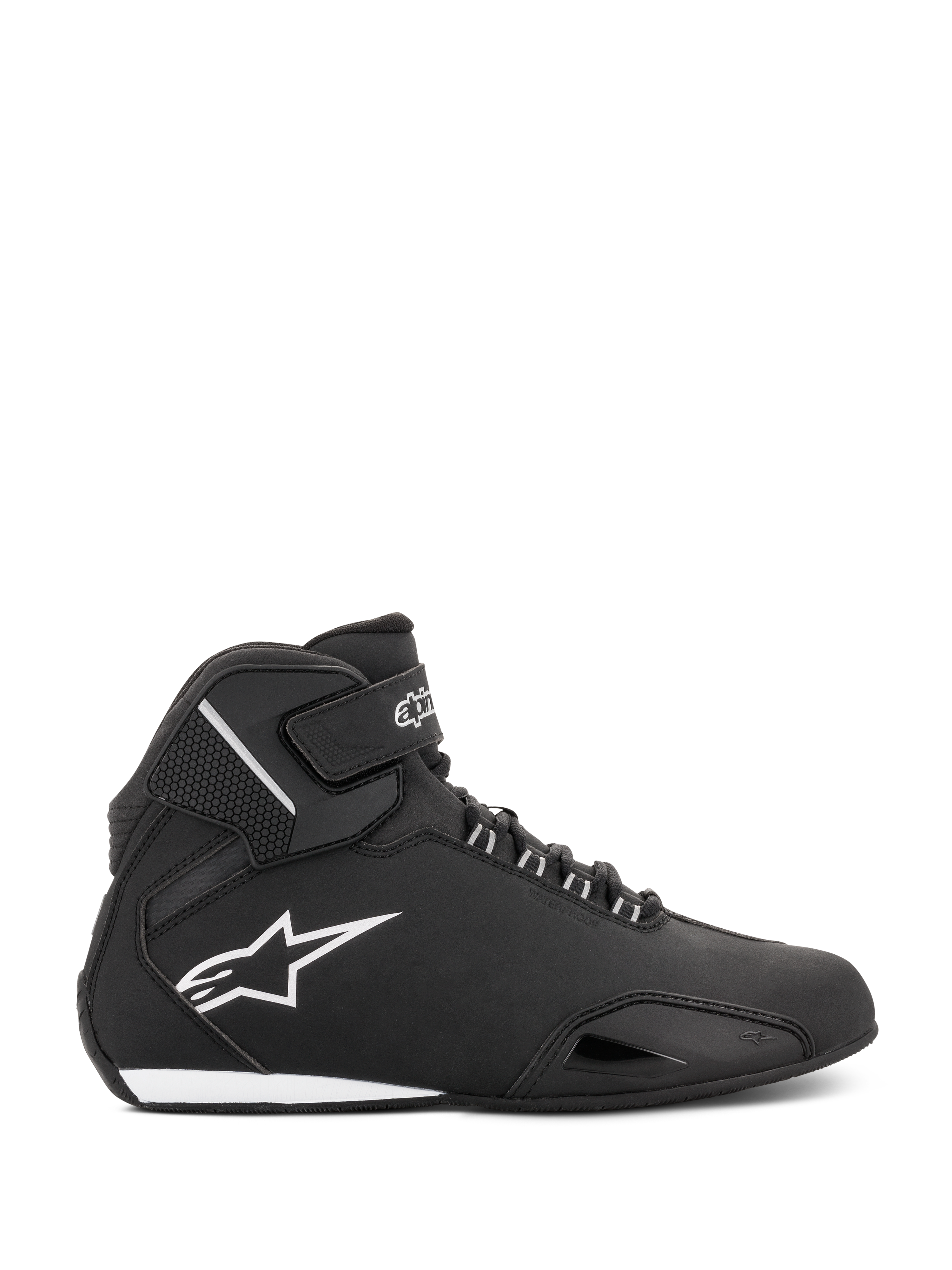 Chaussures étanches Alpinestars Stella Sektor pour femme, noir et argent, profil latéral d'une chaussure de moto montante dotée d'un châssis en microfibre légère, d'un logo Astars blanc et d'une fermeture sécurisée par lacets et sangle