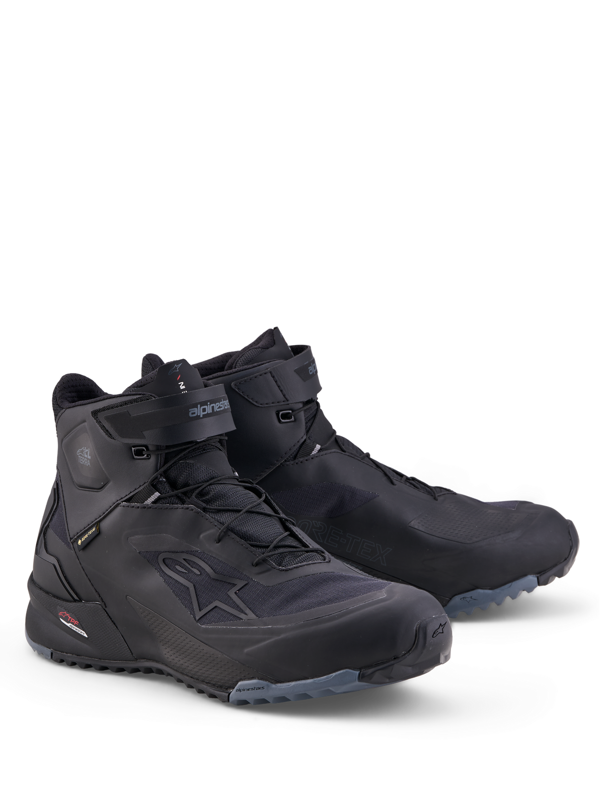 Alpinestars Cr X Gore Tex Schoenen, waterdichte motorschoenen, zwart en donkergrijs, voorzien van GORE-TEX membraan en lichte technische constructie