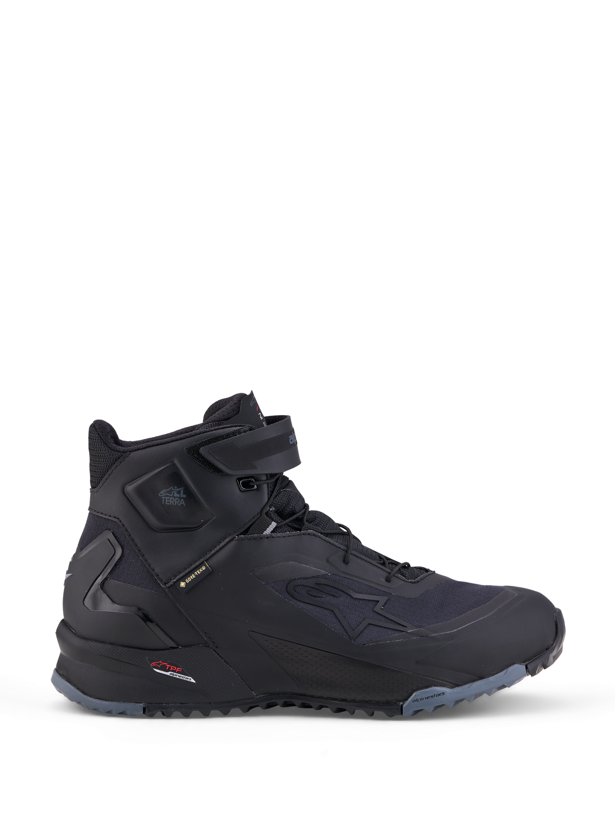 Alpinestars Cr X Gore Tex, chaussures de moto pour le all-terra adventure, noires et gris foncé, imperméables avec membrane Gore-Tex et construction de protection à la cheville