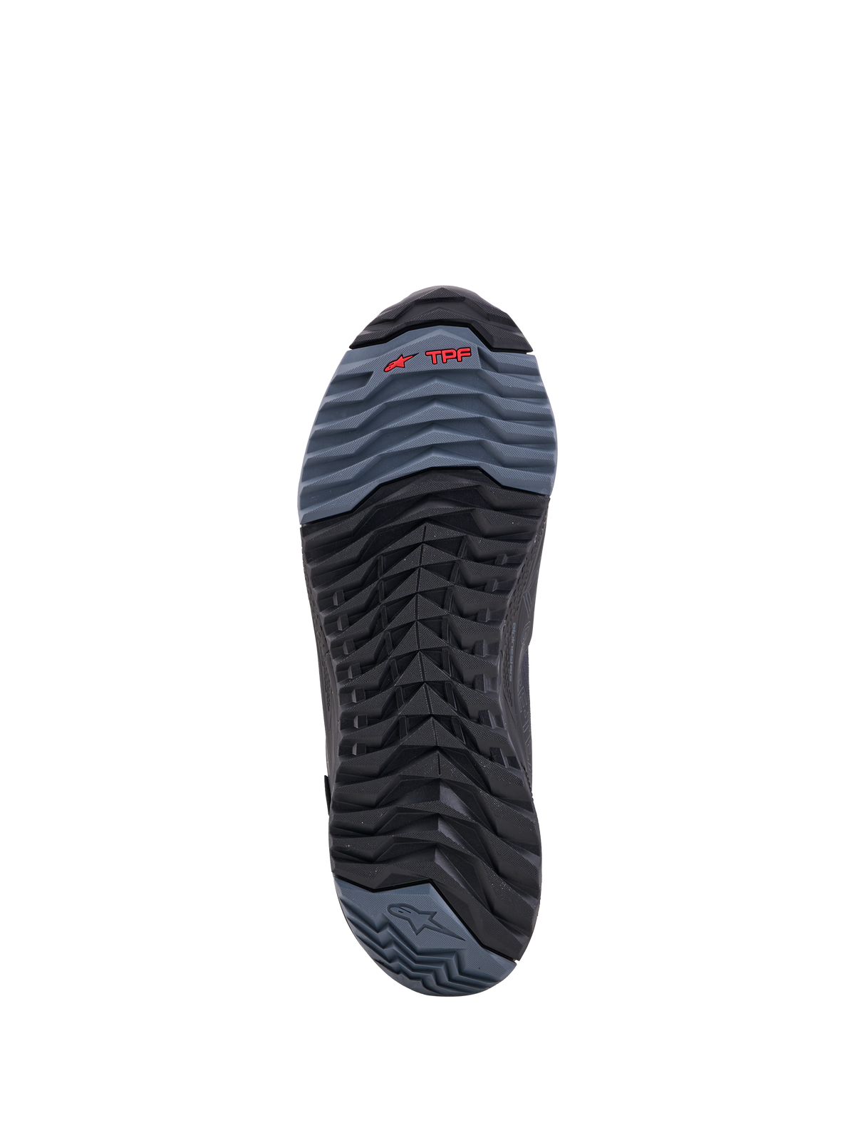 Alpinestars Cr X Gore Tex Schoenen, close-up van de zool met TPF-beschermingsframe en profiel, zwart en donkergrijs met rood logo-accent