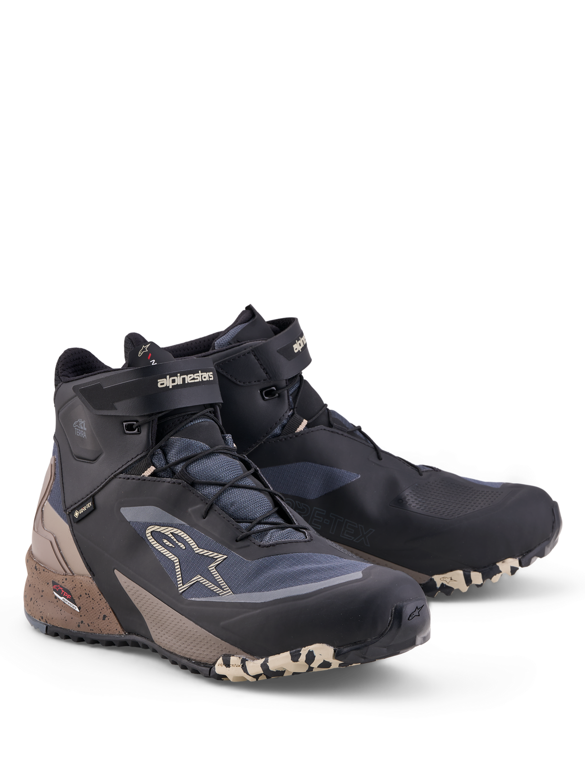 Alpinestars Cr X Gore Tex Chaussures, chaussures de moto basses, noires, gris foncé et beige, membrane GORE-TEX imperméable, chaussures d'aventure tout-terrain