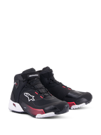 Chaussures de moto Alpinestars CR-X Drystar® Femme, chaussures de moto, noir, blanc et rose Diva, vue de trois-quarts avant, tige en ripstop avec logo Alpinestars blanc, accents roses sur la semelle intermédiaire et les œillets, design profilé et protecteur pour le touring