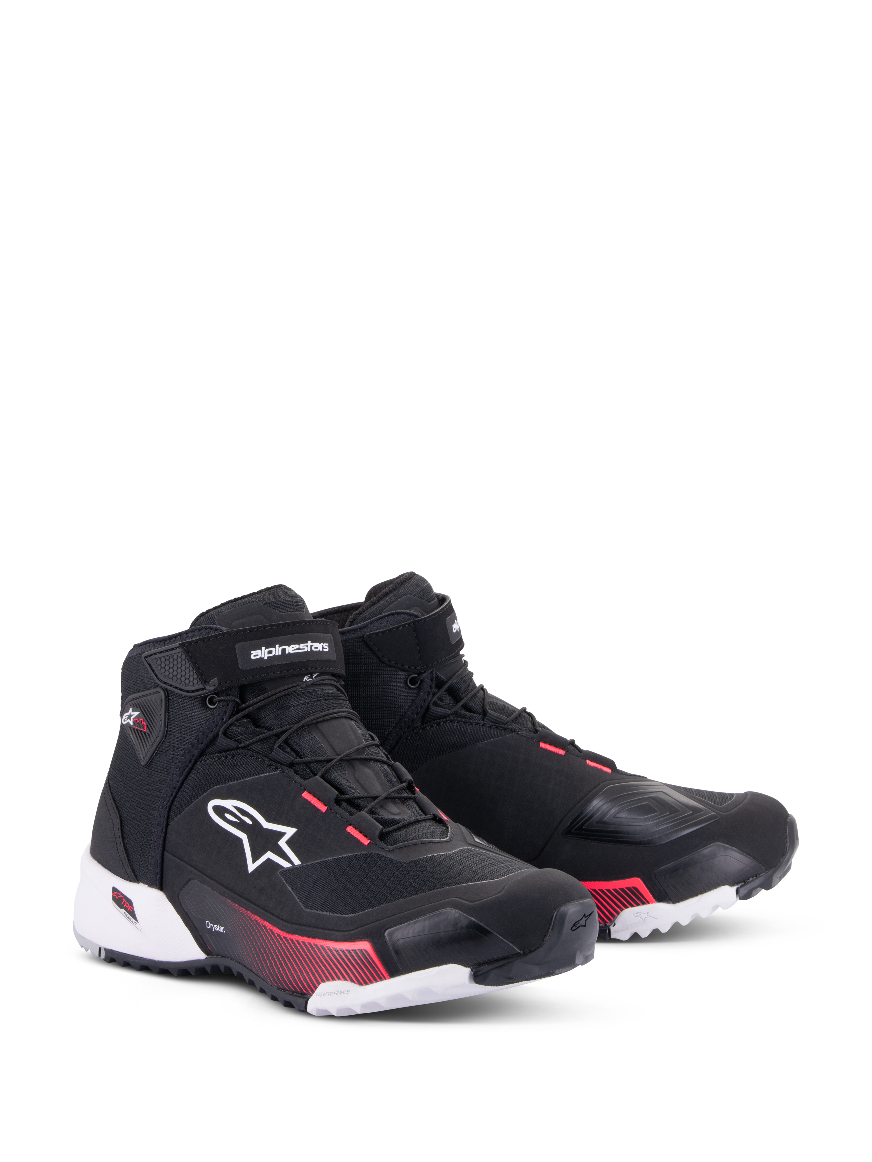 Chaussures de moto Alpinestars CR-X Drystar® Femme, chaussures de moto, noir, blanc et rose Diva, vue de trois-quarts avant, tige en ripstop avec logo Alpinestars blanc, accents roses sur la semelle intermédiaire et les œillets, design profilé et protecteur pour le touring