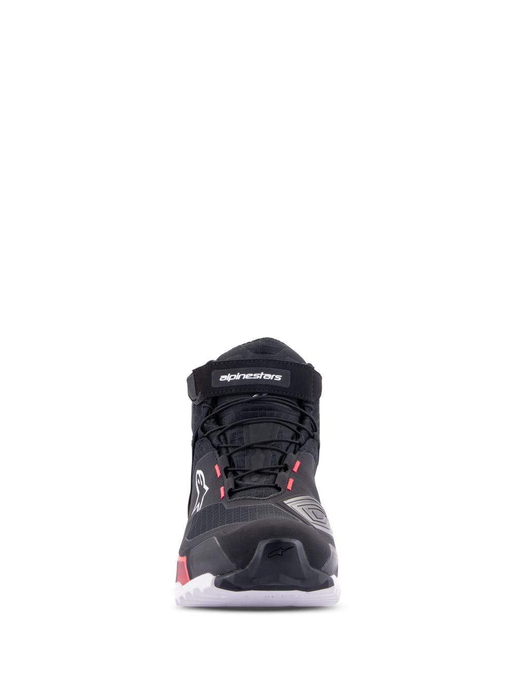 Chaussures de moto Alpinestars CR-X Women's Drystar®, Noir Blanc Rose Diva, vue de face, chaussures imperméables avec tige en textile technique, lacets et sangle velcro à la cheville, logos blancs et accents rose diva.