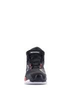 Chaussures de moto Alpinestars CR-X Women's Drystar®, Noir Blanc Rose Diva, vue de face, chaussures imperméables avec tige en textile technique, lacets et sangle velcro à la cheville, logos blancs et accents rose diva.