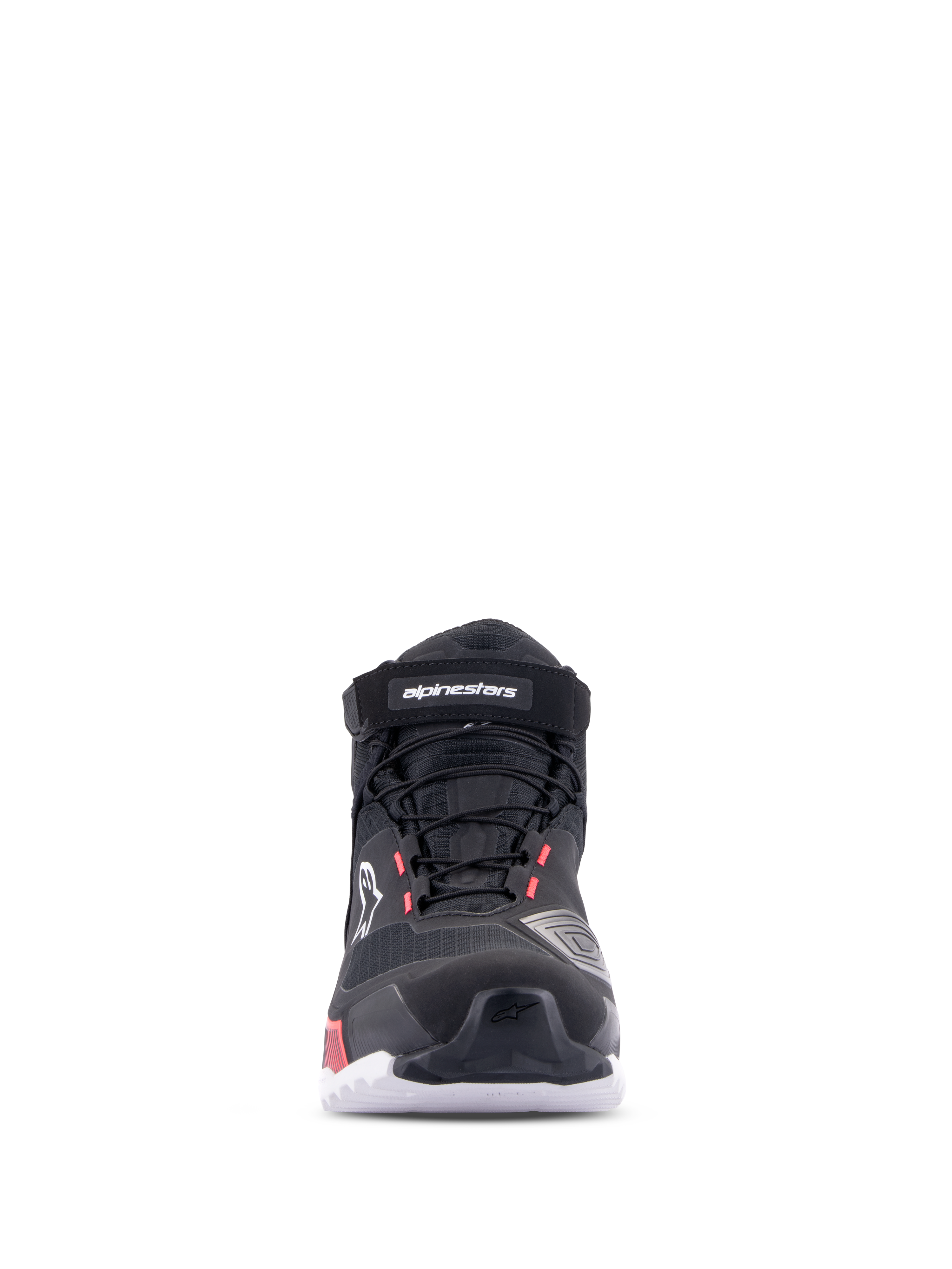 Chaussures de moto Alpinestars CR-X Women's Drystar®, Noir Blanc Rose Diva, vue de face, chaussures imperméables avec tige en textile technique, lacets et sangle velcro à la cheville, logos blancs et accents rose diva.