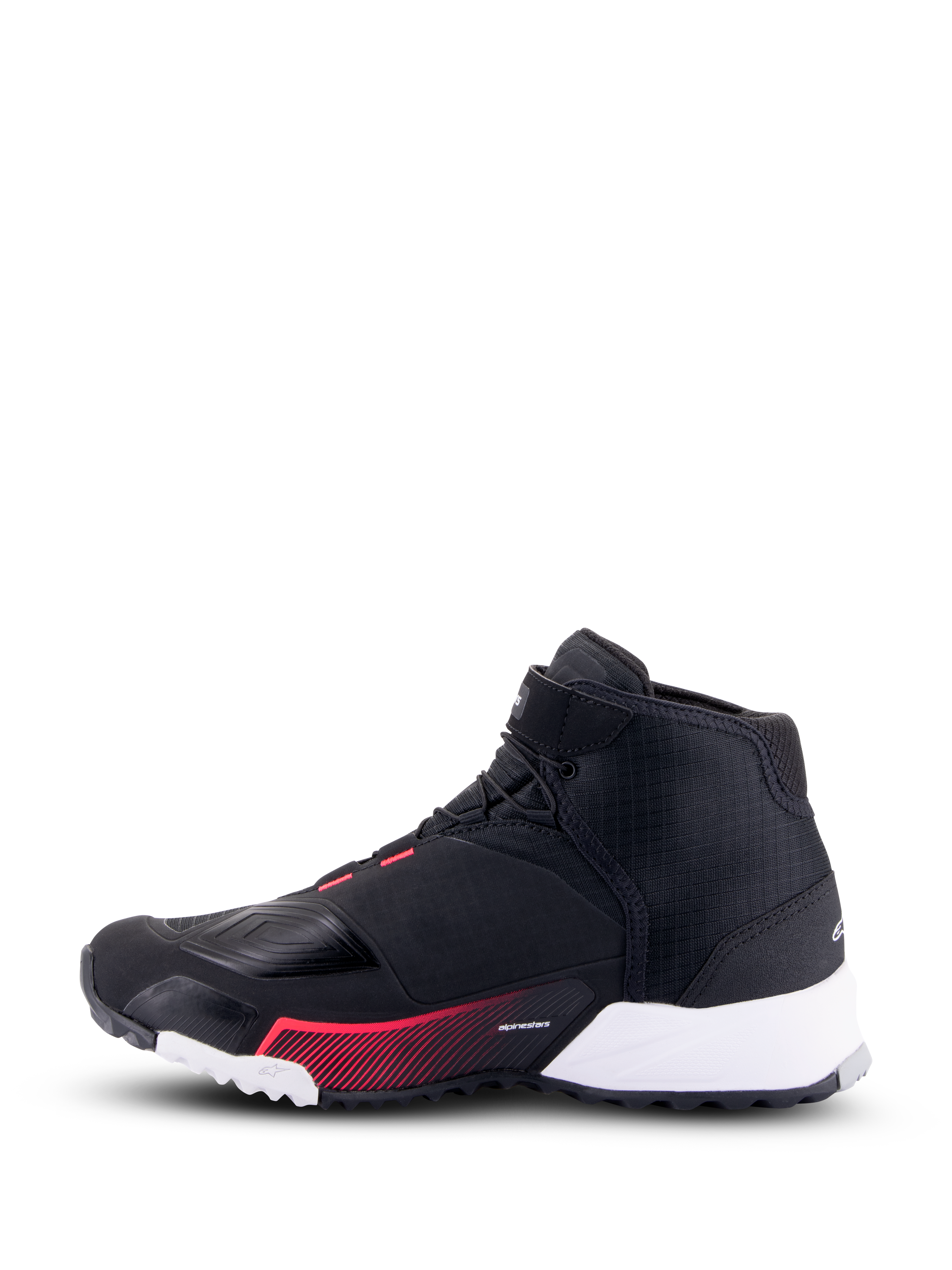 Chaussures de moto Alpinestars CR-X Drystar® pour femme, noir, blanc et rose Diva, vue de profil montrant une tige en ripstop noir, un talon blanc et des accents graphiques roses, style urbain avec caractéristiques de protection